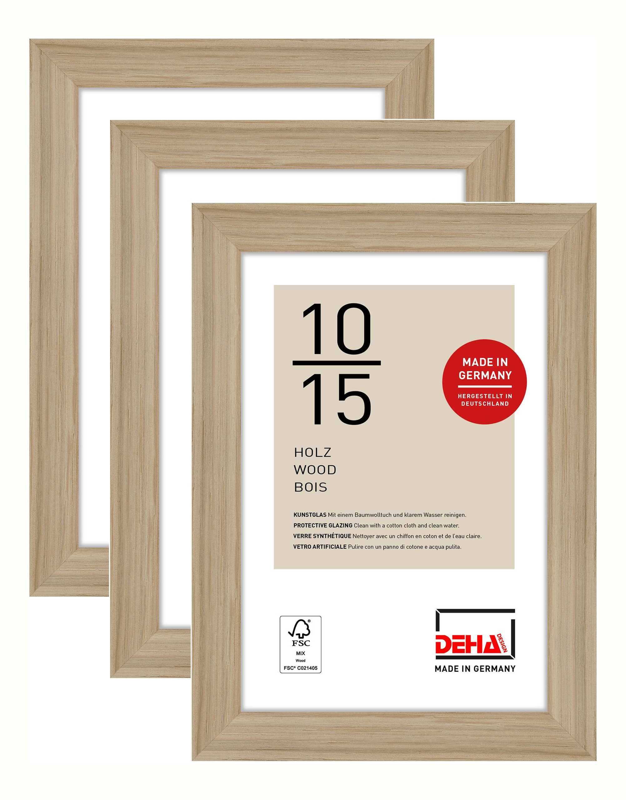 DEHA Design 3er SET Holz Portraitrahmen, Bilderrahmen Fontana, 10x15 cm, Eiche