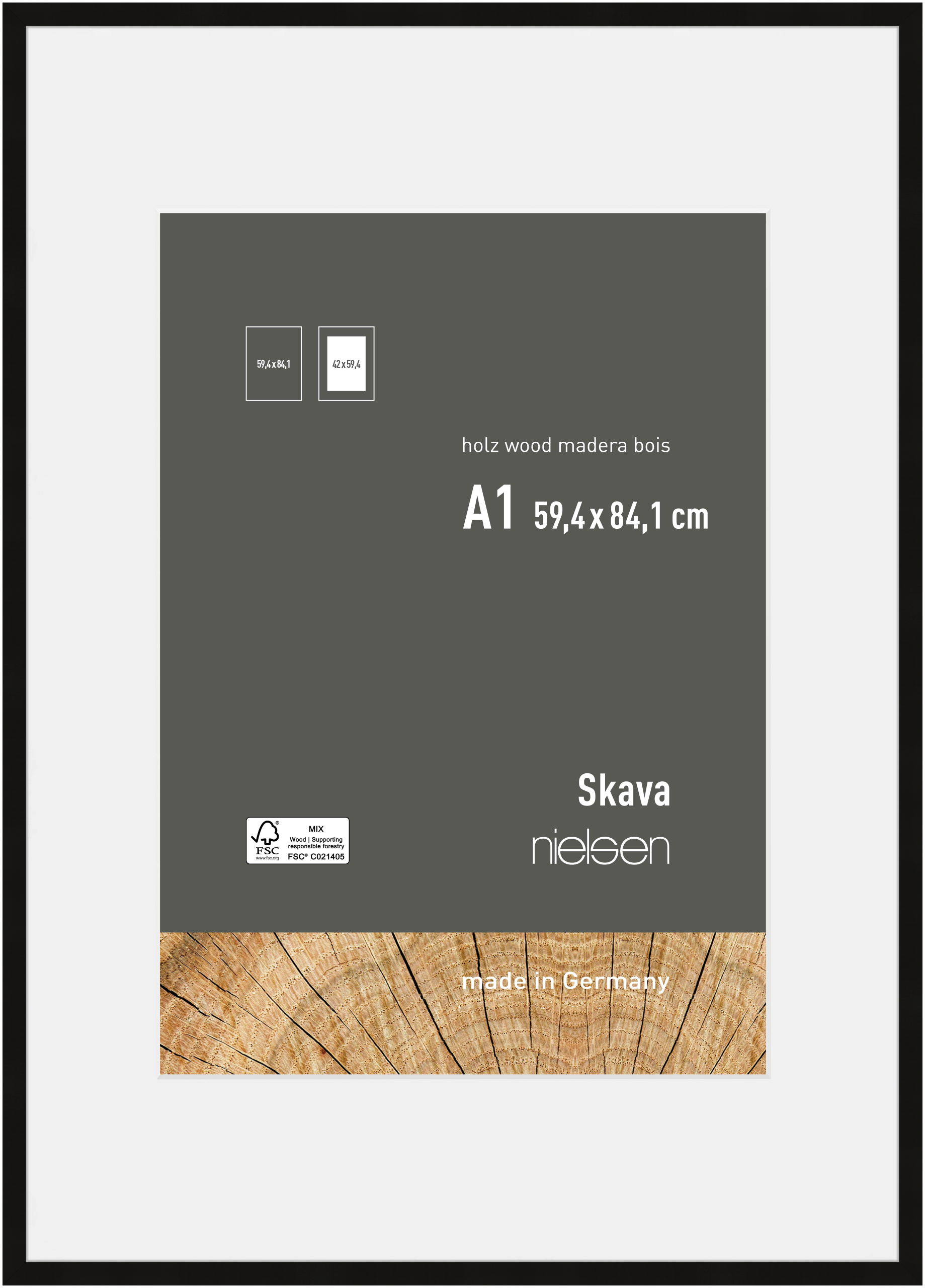 nielsen Holz Bilderrahmen Skava Schwarz, 59,4 x 84,1 cm (A1) - mit Passepartout 42x59,4 cm (A2) cm