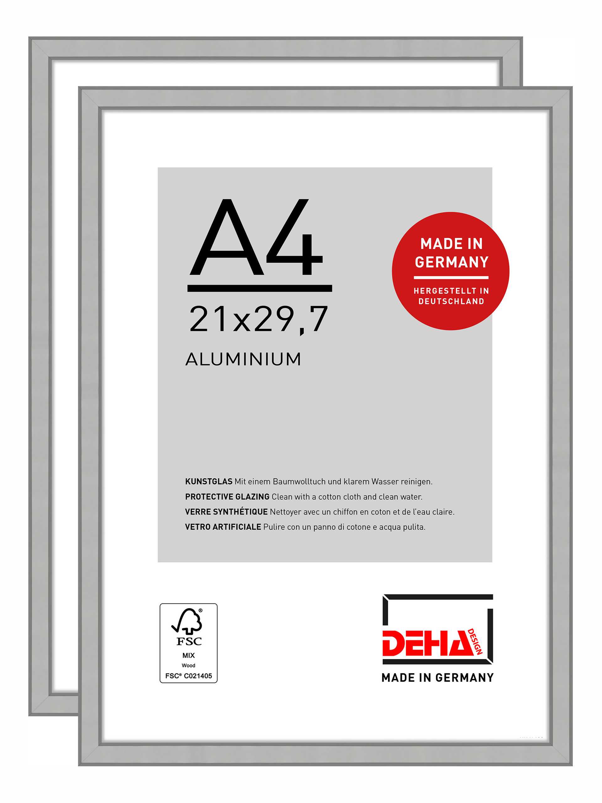 DEHA Design Bilderrahmen Boston (2er Set), A4 21x29,7 cm, Aluminium Silber Matt