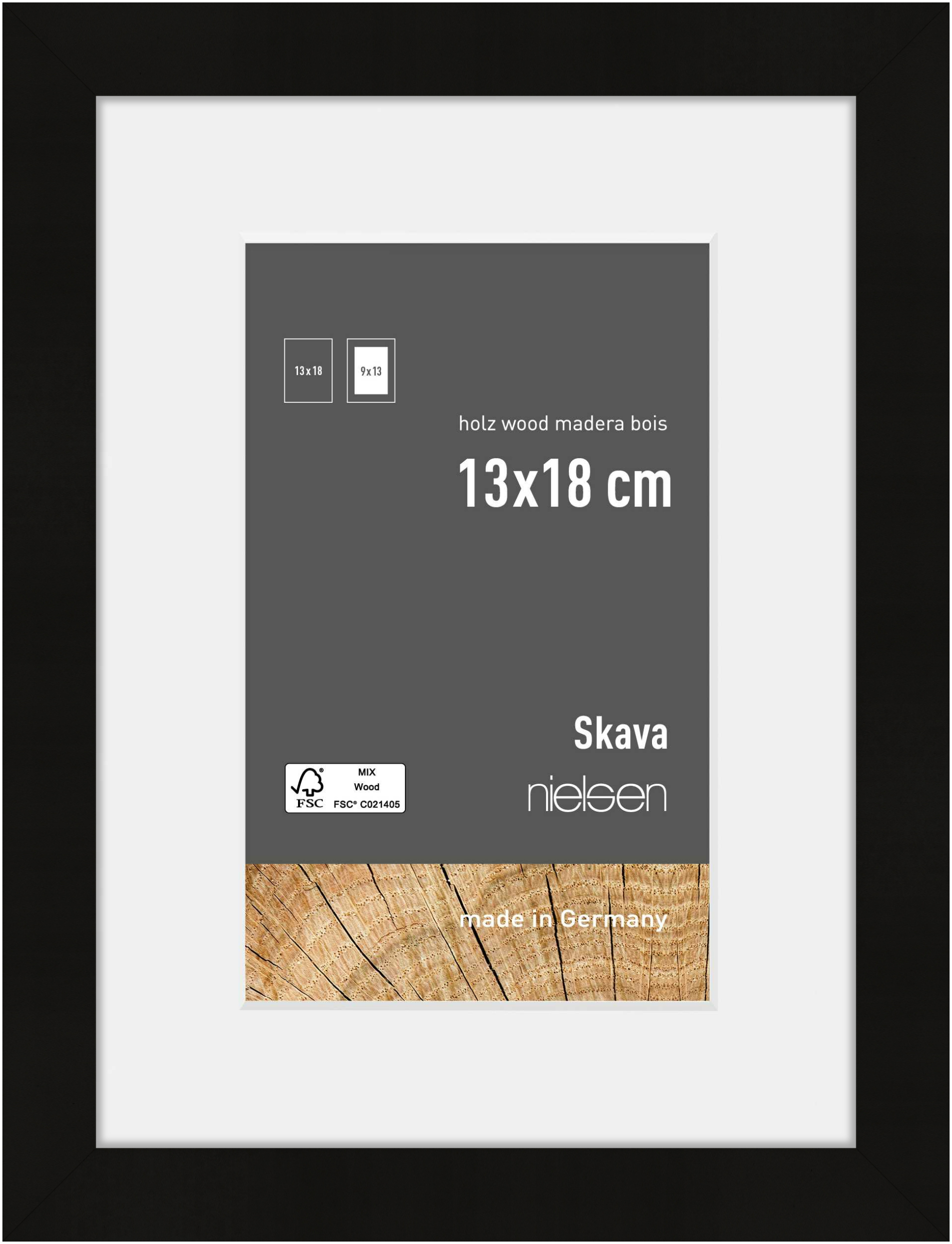 nielsen Holz Bilderrahmen Skava Schwarz, 13,0 x 18,0 cm - mit Passepartout 9x13 cm