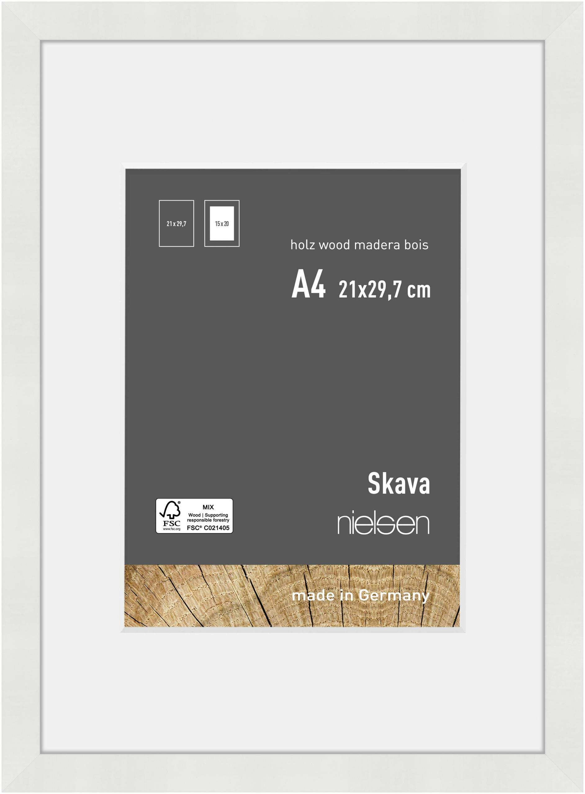 nielsen Holz Bilderrahmen Skava Weiß, 21,0 x 29,7 cm (A4) - mit Passepartout 15x20 cm