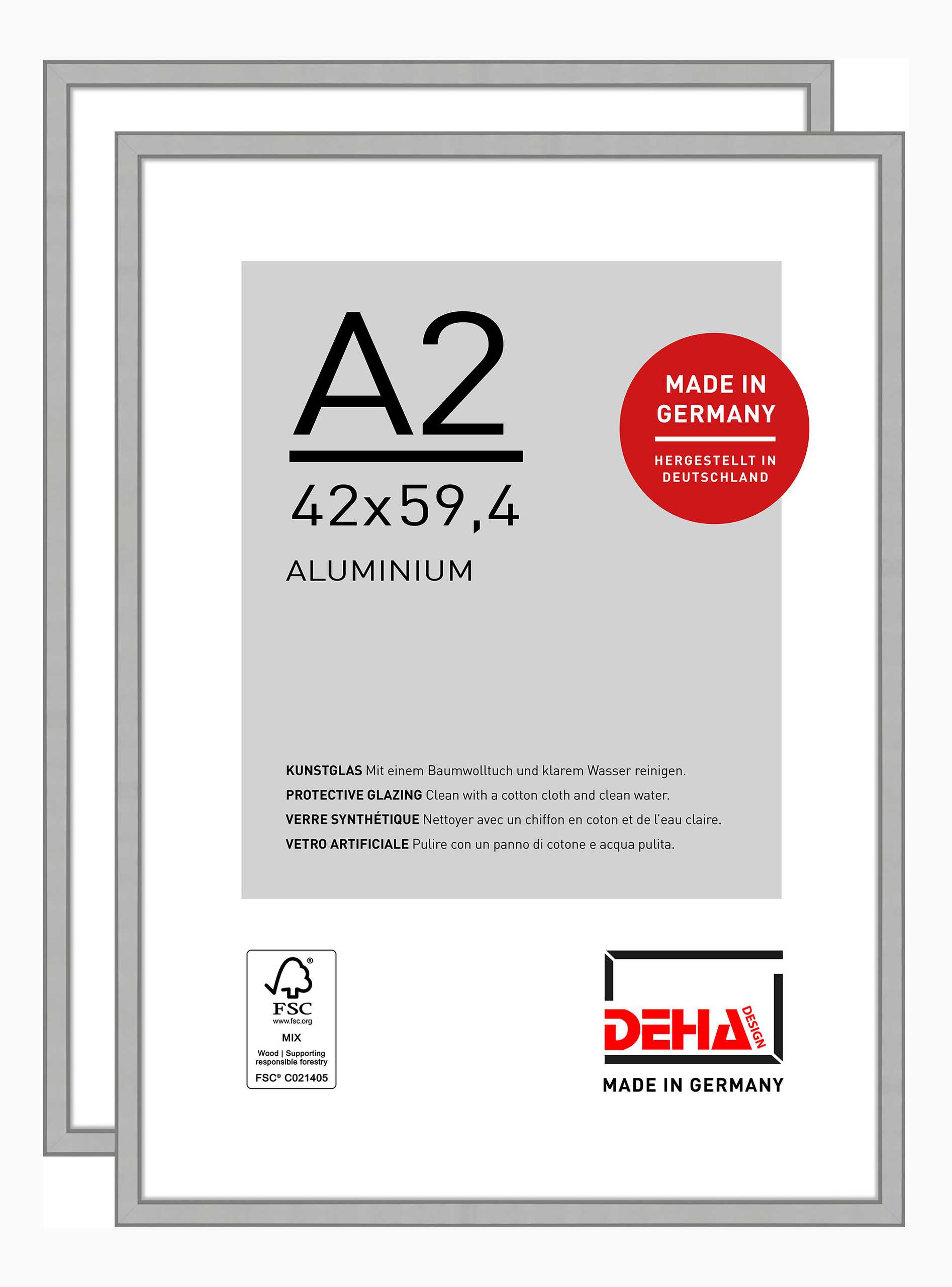DEHA Design Bilderrahmen Boston (2er Set), A2 42x59,4 cm, Aluminium Silber Matt