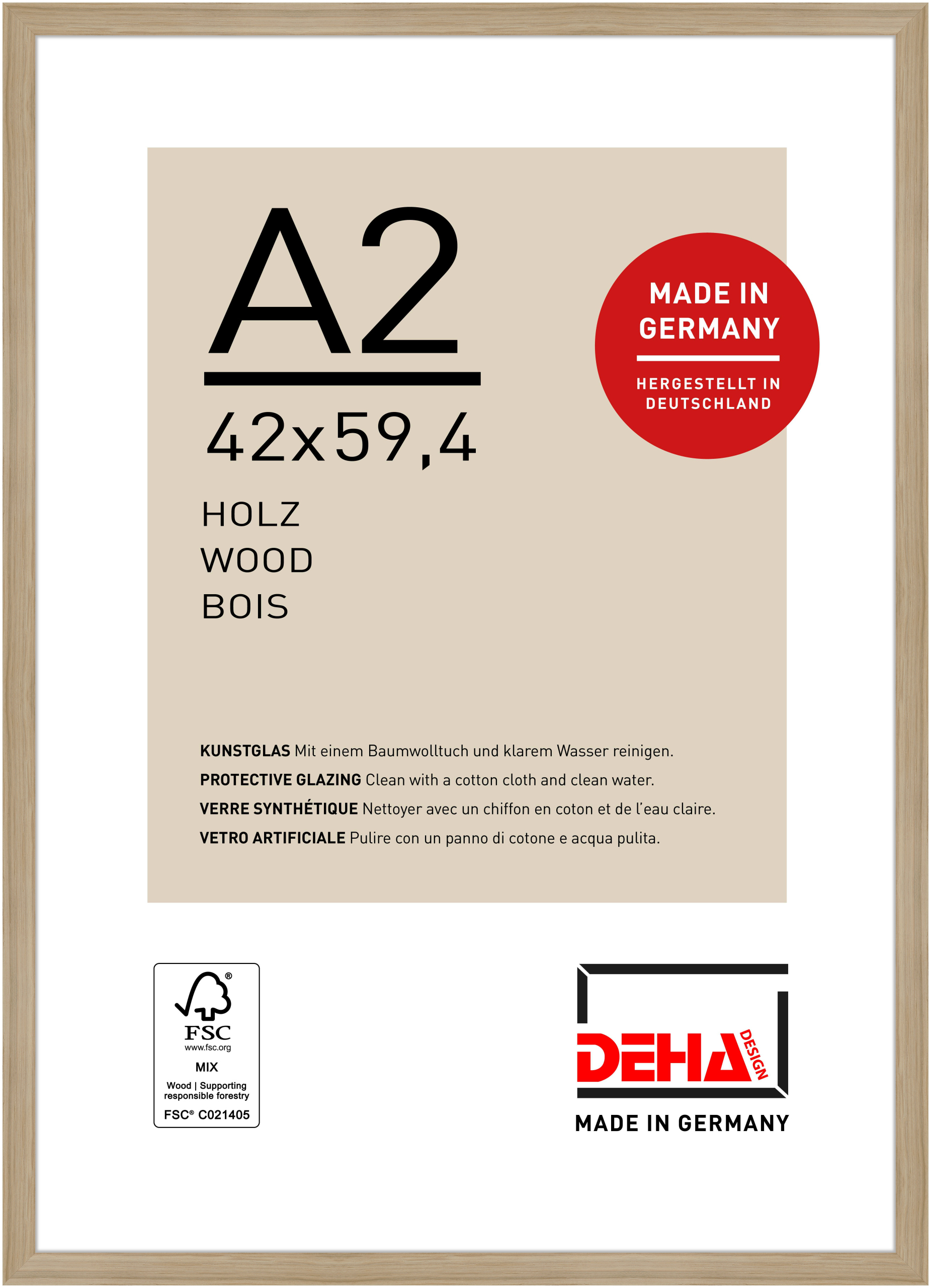 DEHA Design Holz Bilderrahmen Fontana, 42x59,4 cm (A2), Eiche