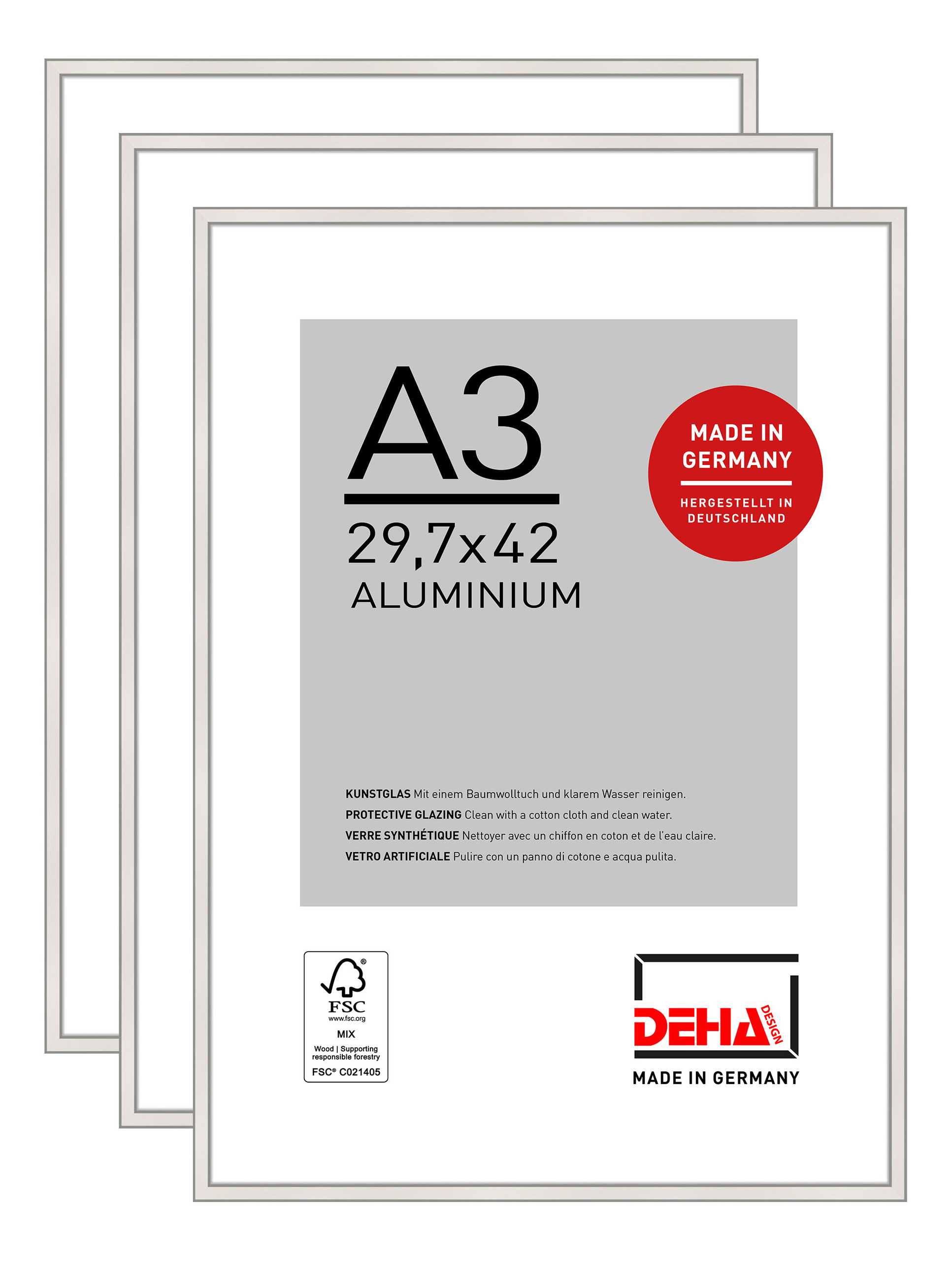 DEHA Design Bilderrahmen Boston (3er Set), A3 29,7x42 cm, Aluminium Silber