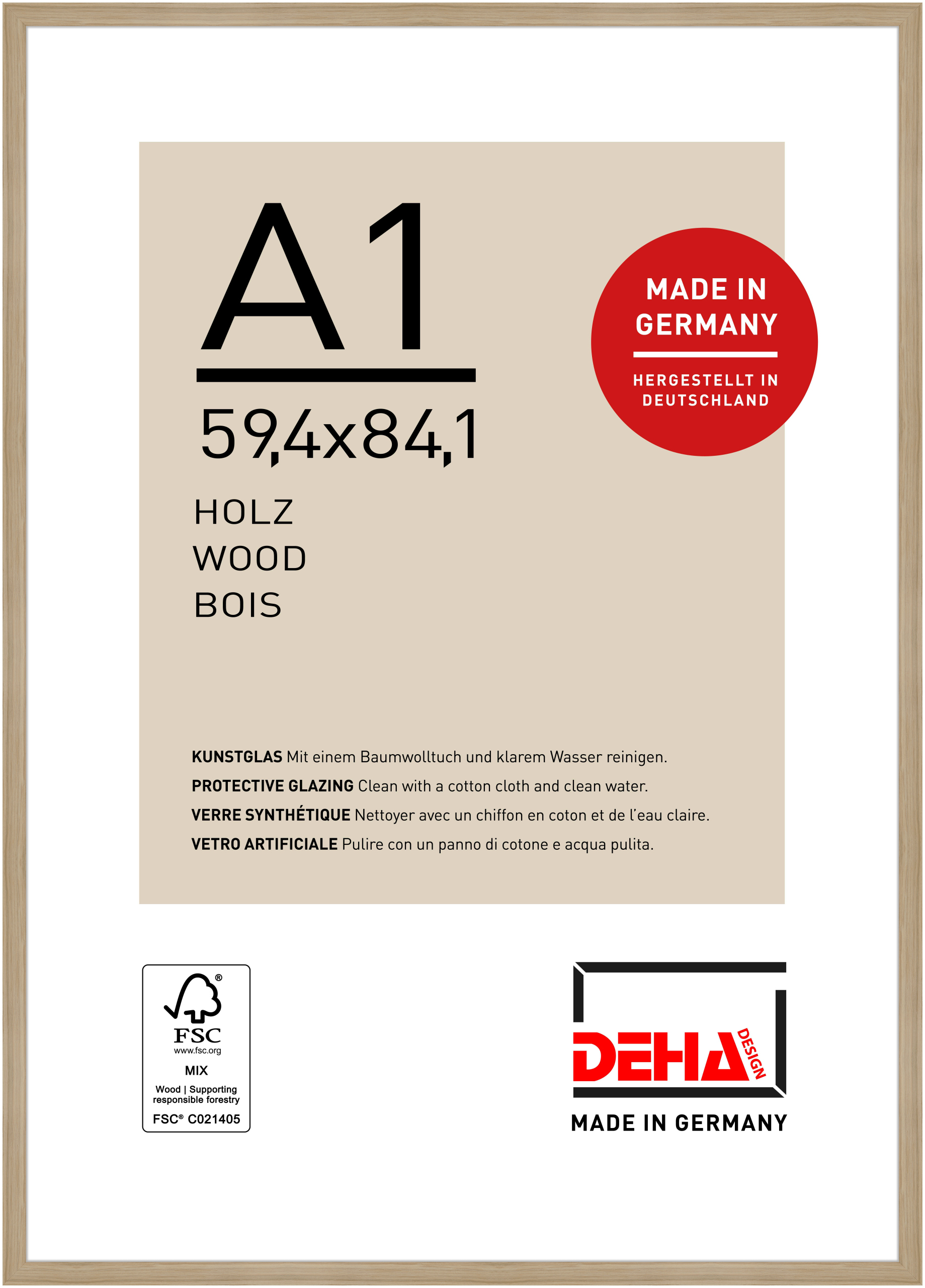 DEHA Design Holz Bilderrahmen Fontana, 59,4x84,1 cm (A1), Eiche