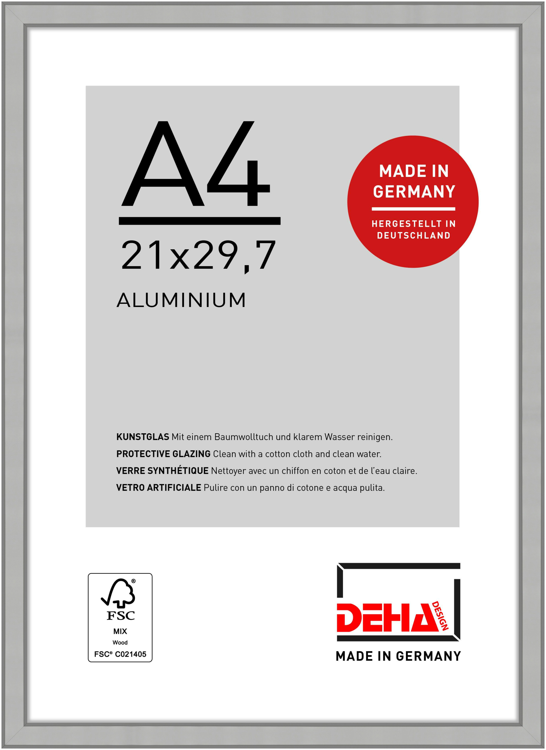 DEHA Design Aluminium Bilderrahmen Boston, 21x29,7 cm (A4), Silber Matt