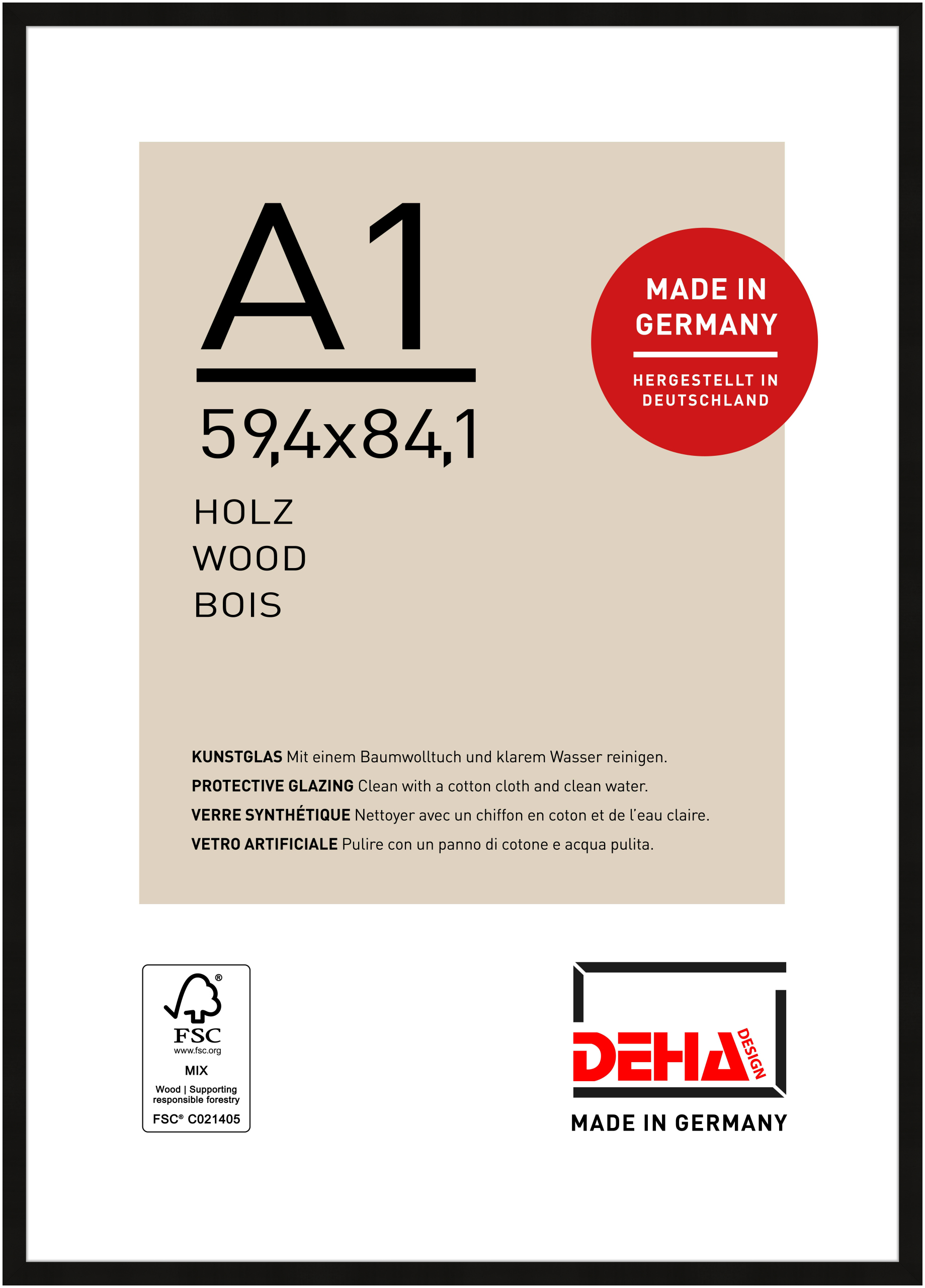 DEHA Design Holz Bilderrahmen Fontana, 59,4x84,1 cm (A1), Schwarz