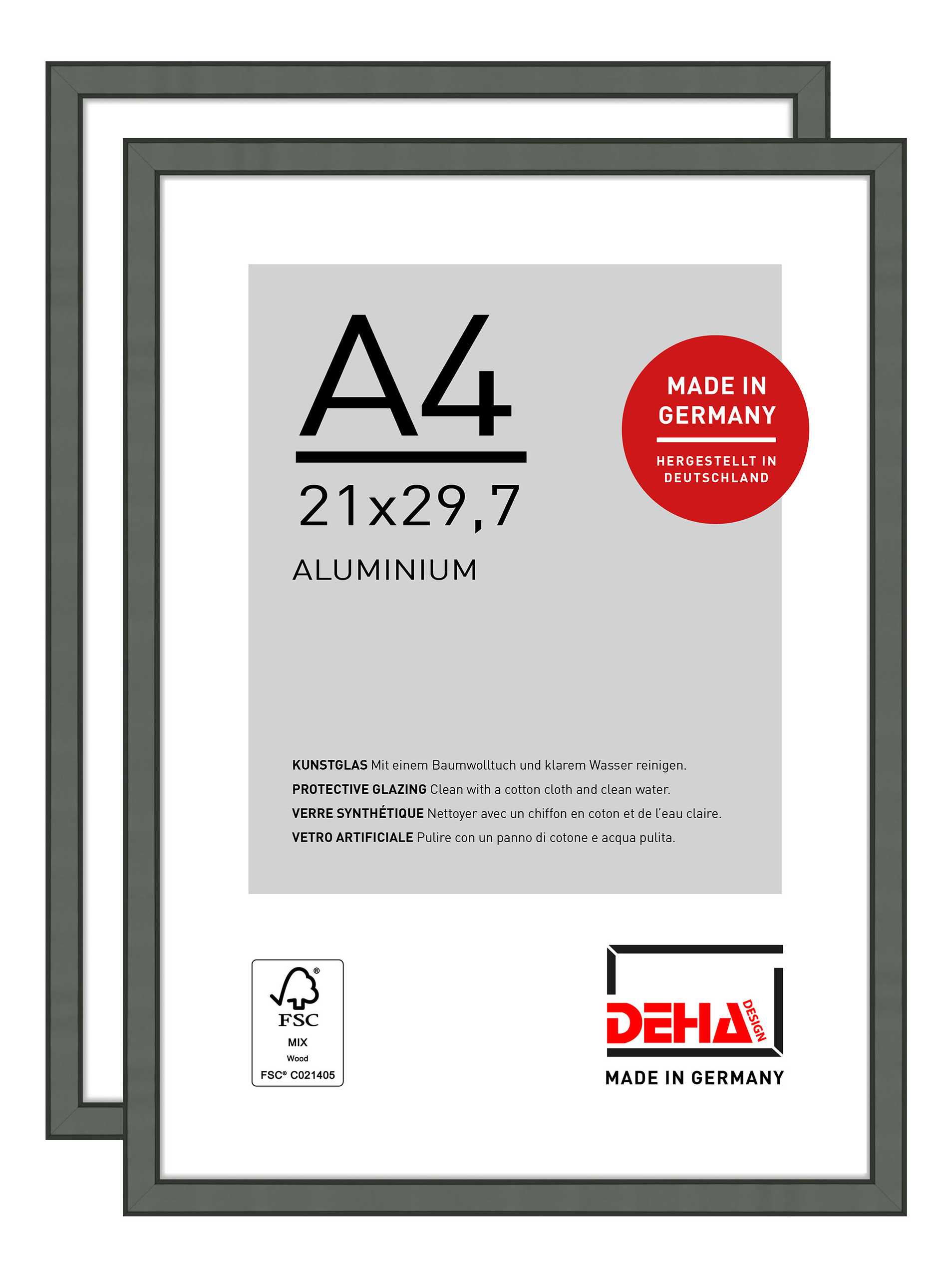 DEHA Design Bilderrahmen Boston (2er Set), A4 21x29,7 cm, Aluminium Contrastgrau