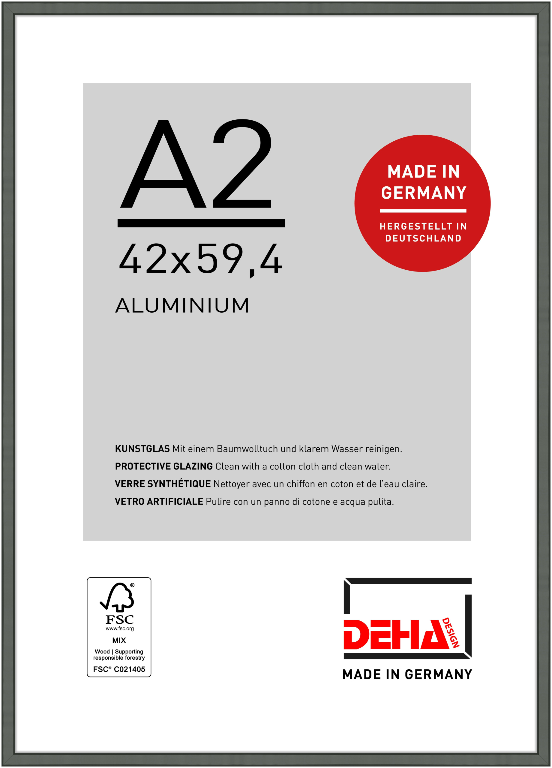 DEHA Design Aluminium Bilderrahmen Boston, 42x59,4 cm (A2), Contrastgrau