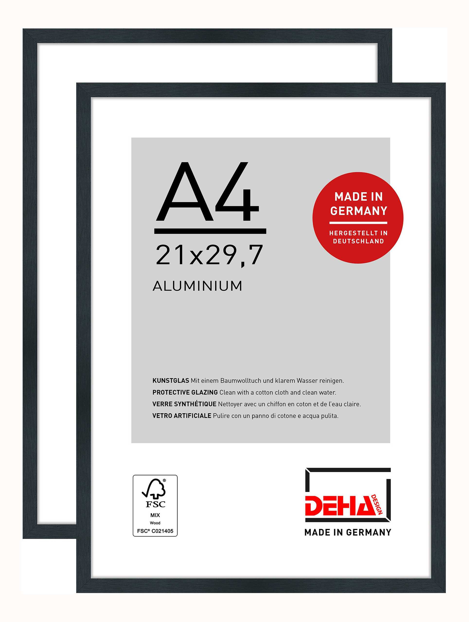 DEHA 2er SETAluminium Bilderrahmen Tribeca, 21x29,7 cm (A4), Struktur Schwarz Matt