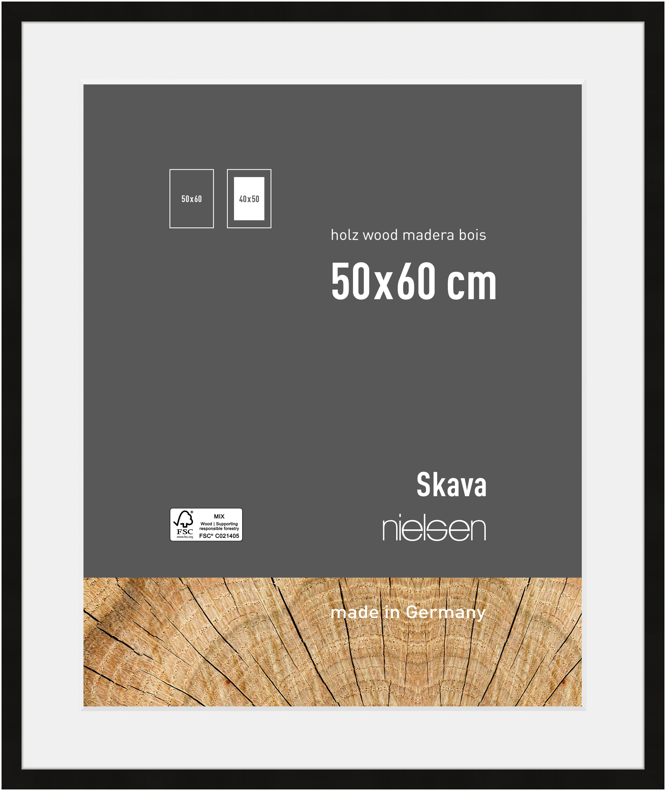 nielsen Holz Bilderrahmen Skava Schwarz, 50,0 x 60,0 cm - mit Passepartout 40x50 cm