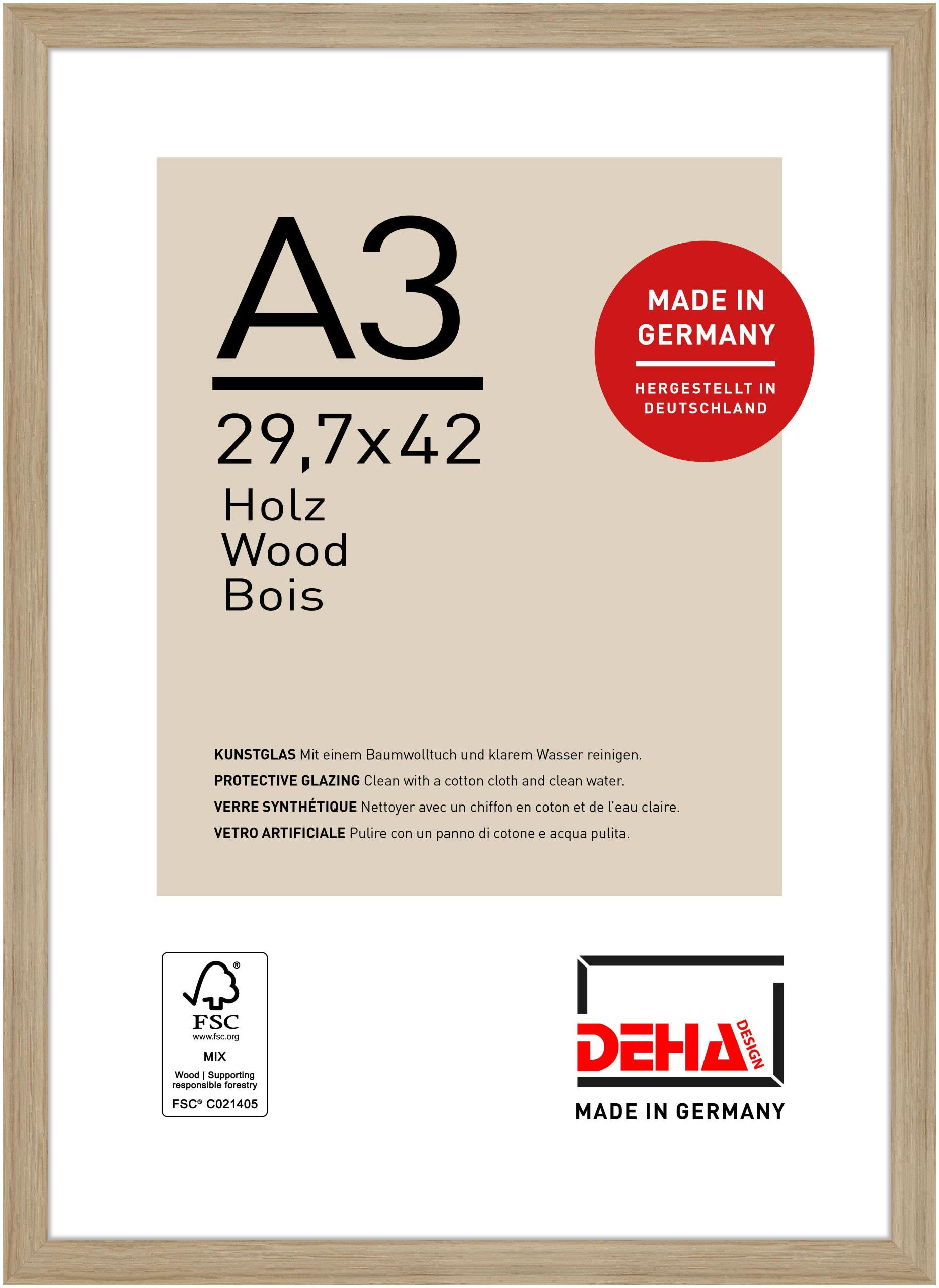 DEHA Design Holz Bilderrahmen Fontana, 29,7x42 cm (A3), Eiche