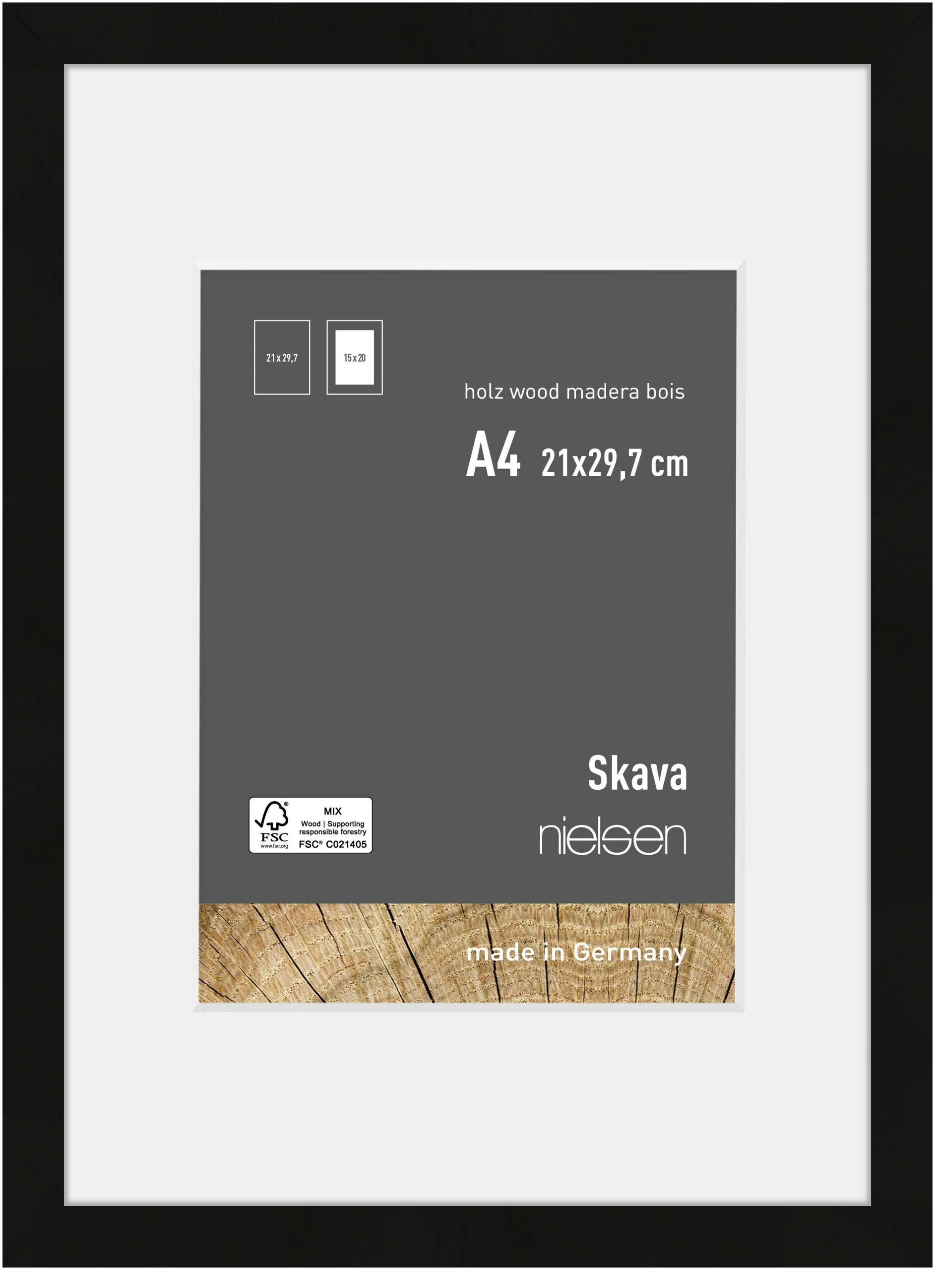 nielsen Holz Bilderrahmen Skava Schwarz, 21,0 x 29,7 cm (A4) - mit Passepartout 15x20 cm