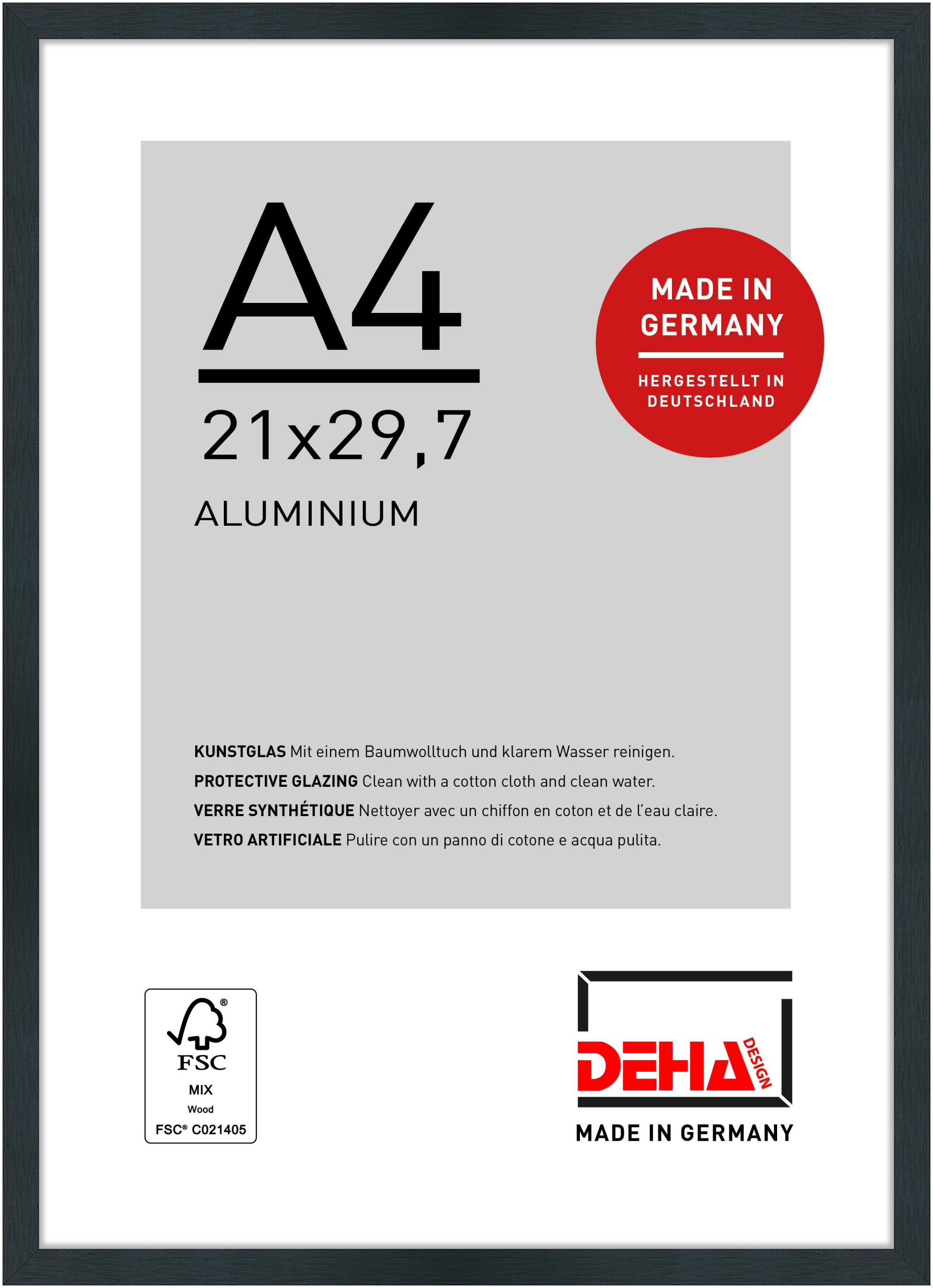 DEHA Design Aluminium Bilderrahmen Tribeca, 21x29,7 cm (A4), Struktur Schwarz Matt