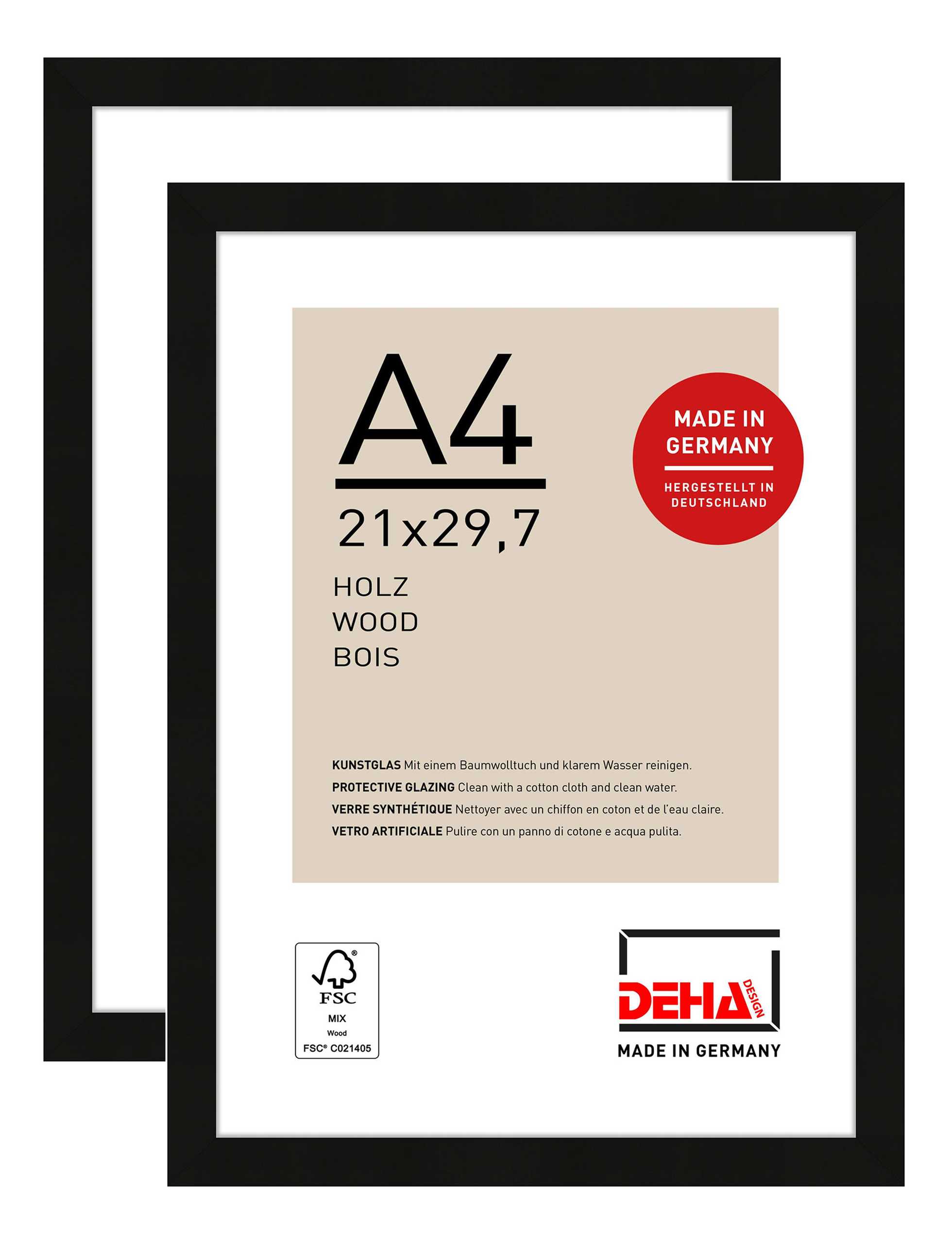 DEHA Design Bilderrahmen Fontana (2er Set), A4 21x29,7 cm, Holz Schwarz