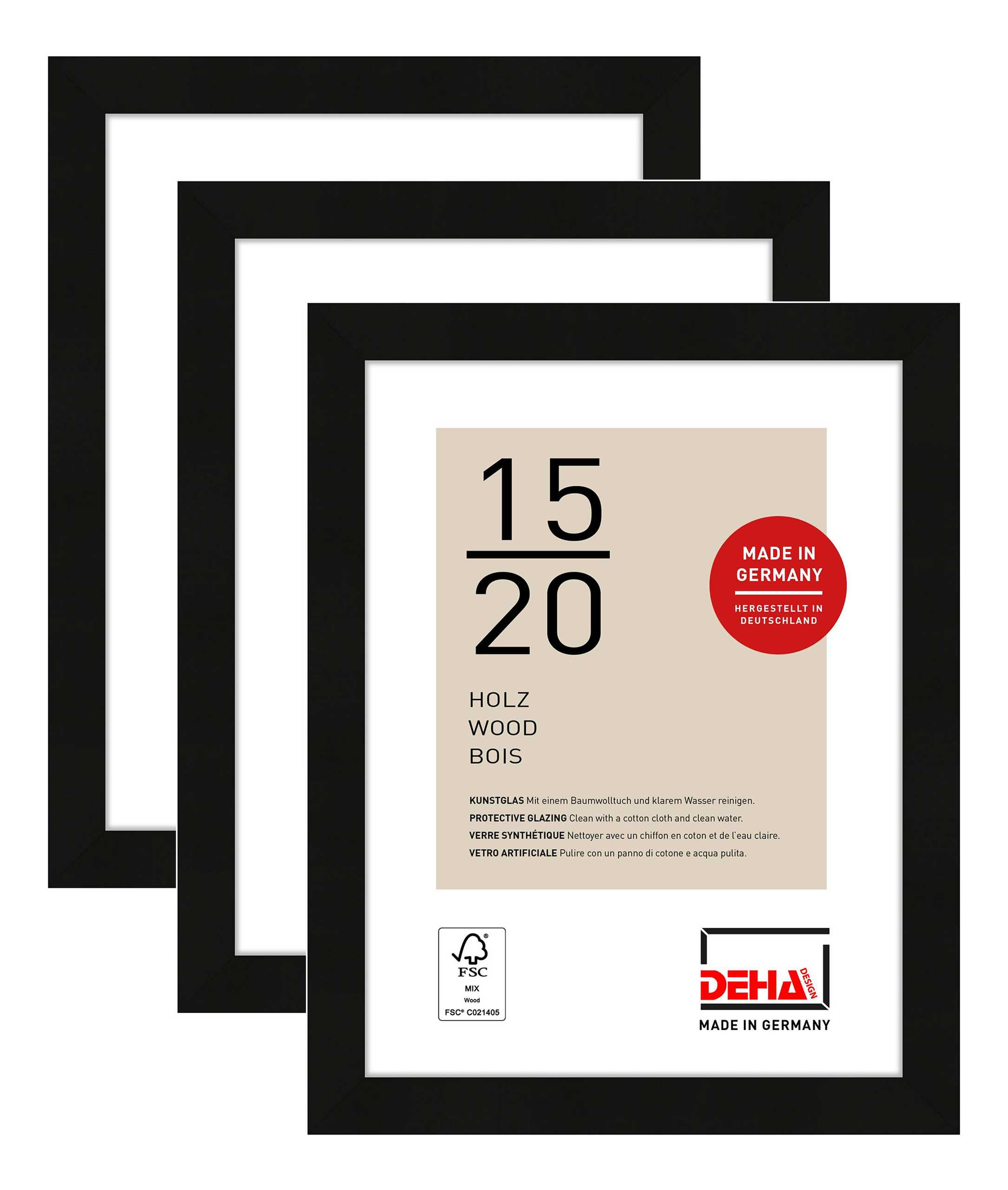 DEHA Design 3er SET Holz Portraitrahmen, Bilderrahmen Fontana, 15x20 cm, Schwarz
