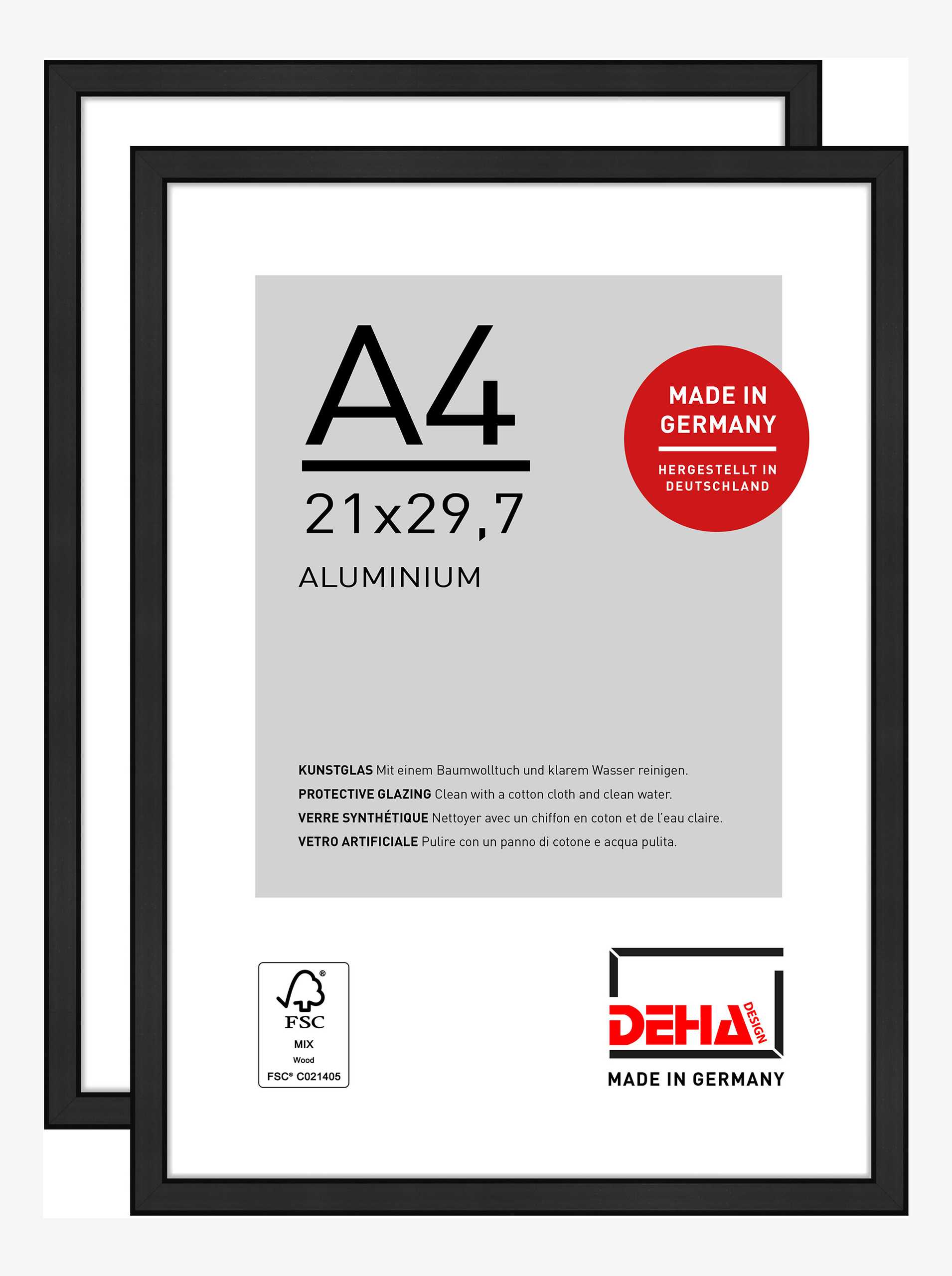 DEHA Design Bilderrahmen Boston (2er Set), A4 21x29,7 cm, Aluminium Schwarz Matt