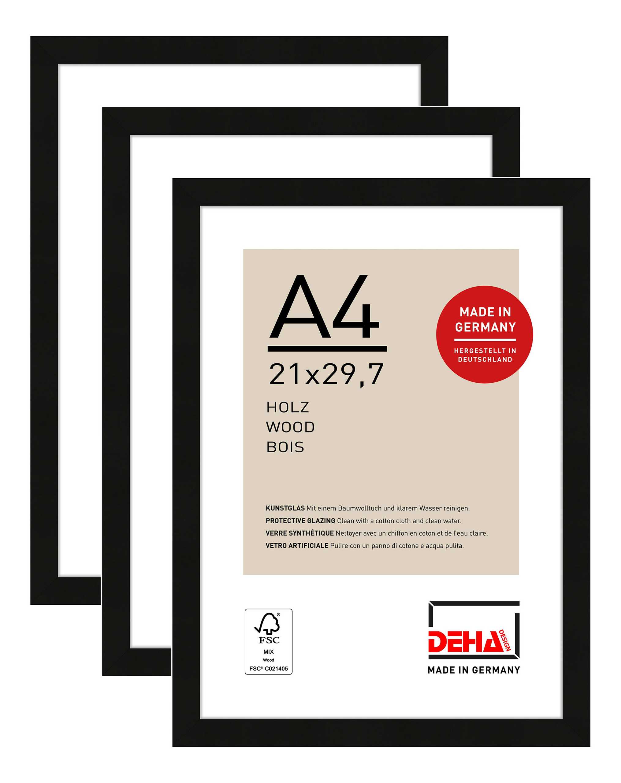 DEHA Design Bilderrahmen Fontana (3er Set), A4 21x29,7 cm, Holz Schwarz