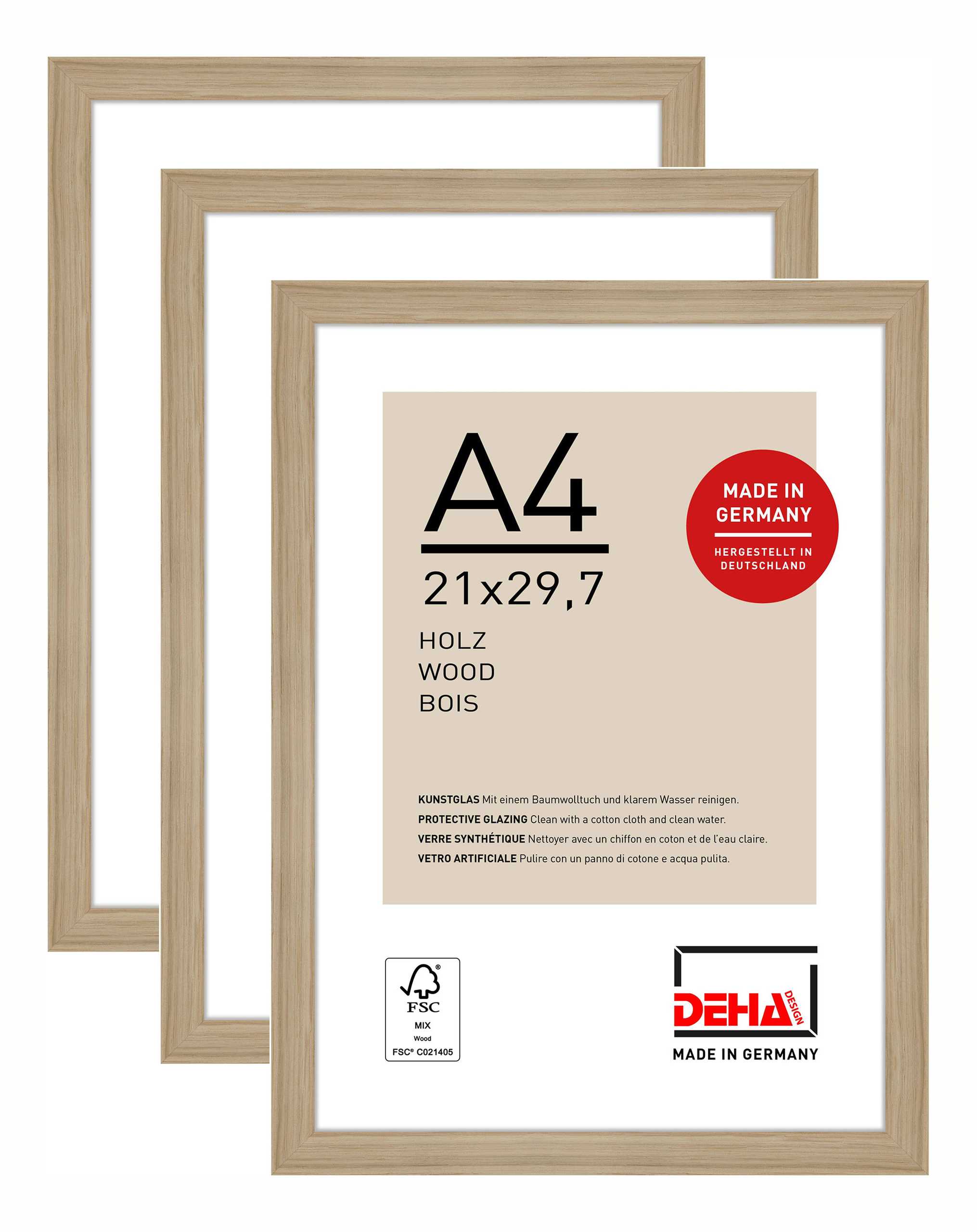 DEHA Design Bilderrahmen Fontana (3er Set), A4 21x29,7 cm, Holz Eiche