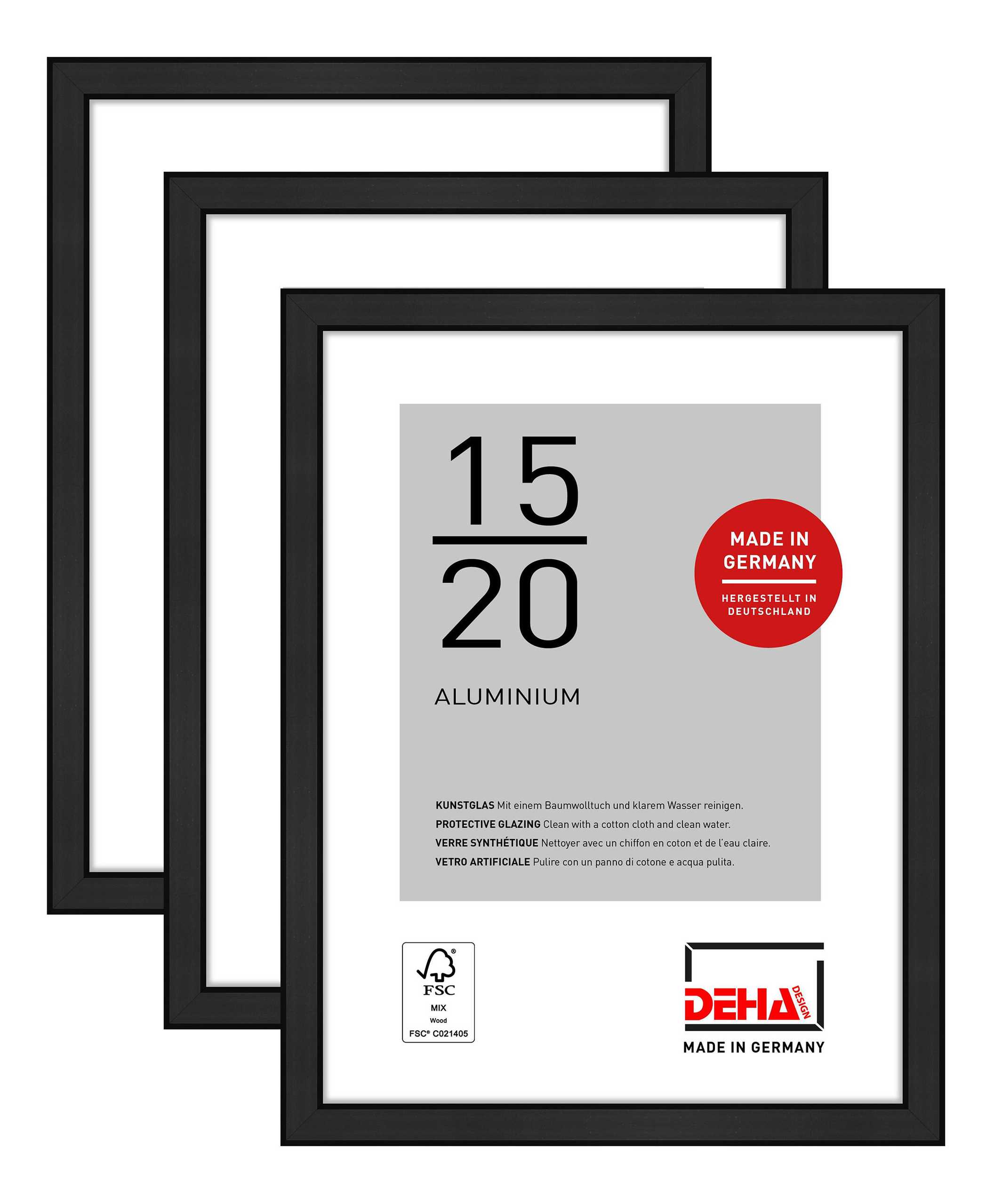 DEHA Design Aluminium Portraitrahmen, Bilderrahmen 3er SET Boston, 15x20 cm, Eloxal Schwarz Matt