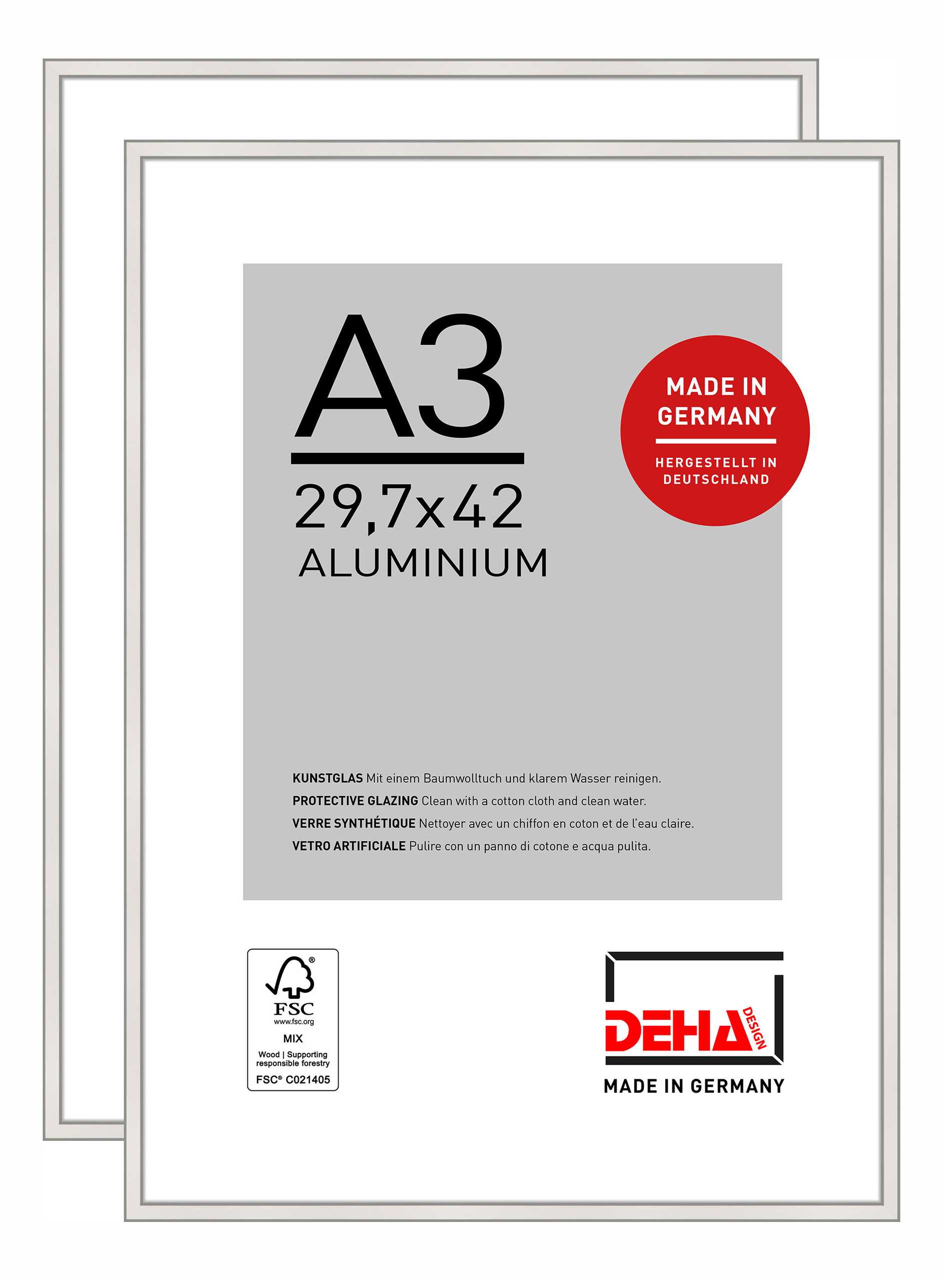 DEHA Design Bilderrahmen Boston (2er Set), A3 29,7x42 cm, Aluminium Silber