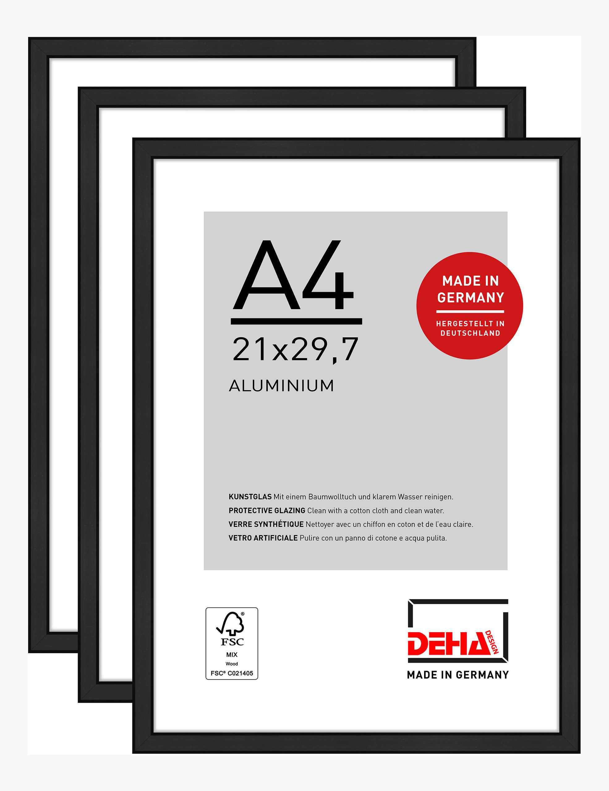 DEHA Design Bilderrahmen Boston (3er Set), A4 21x29,7 cm, Aluminium Schwarz Matt