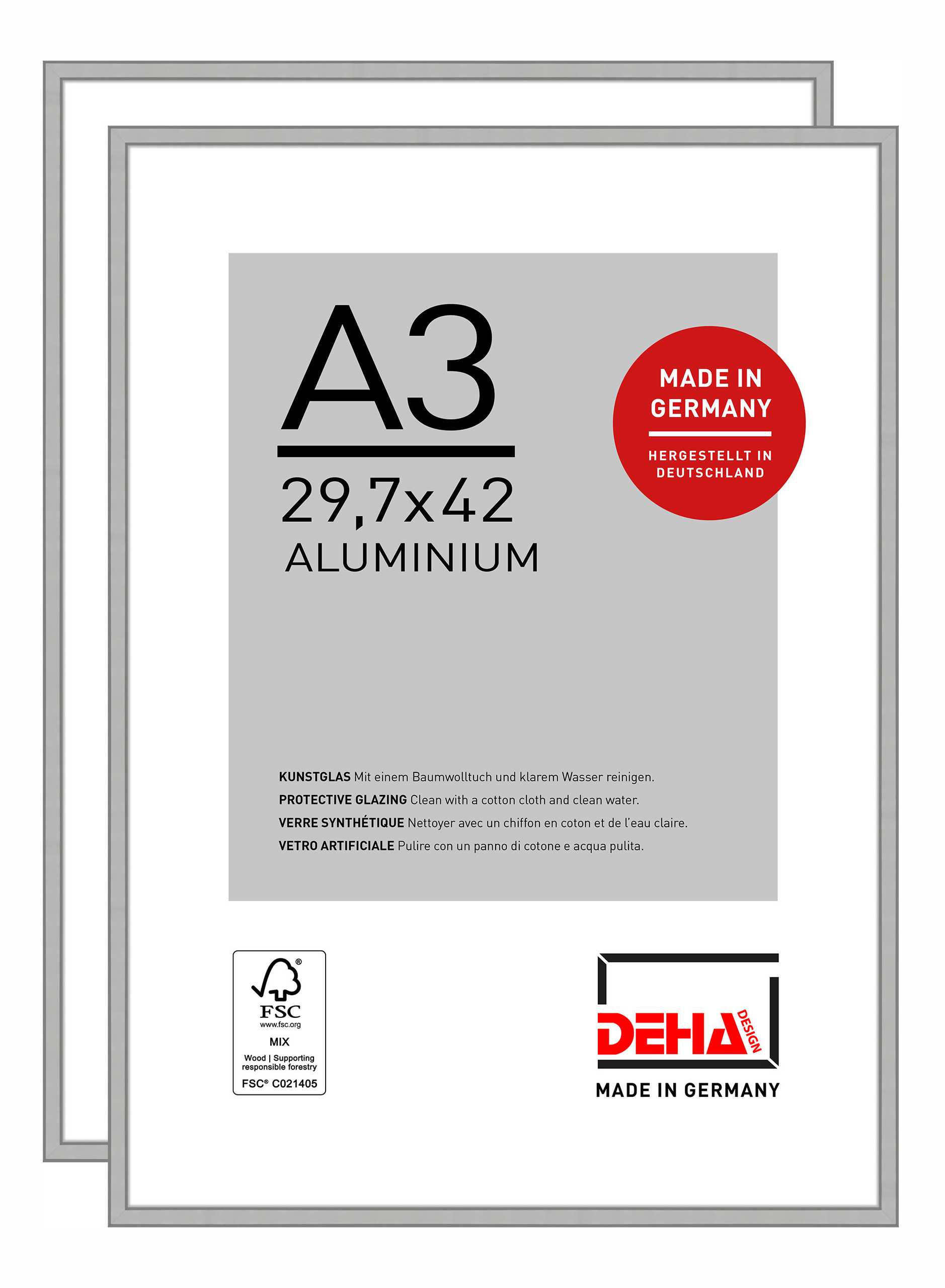 DEHA Design Bilderrahmen Boston (2er Set), A3 29,7x42 cm, Aluminium Silber Matt