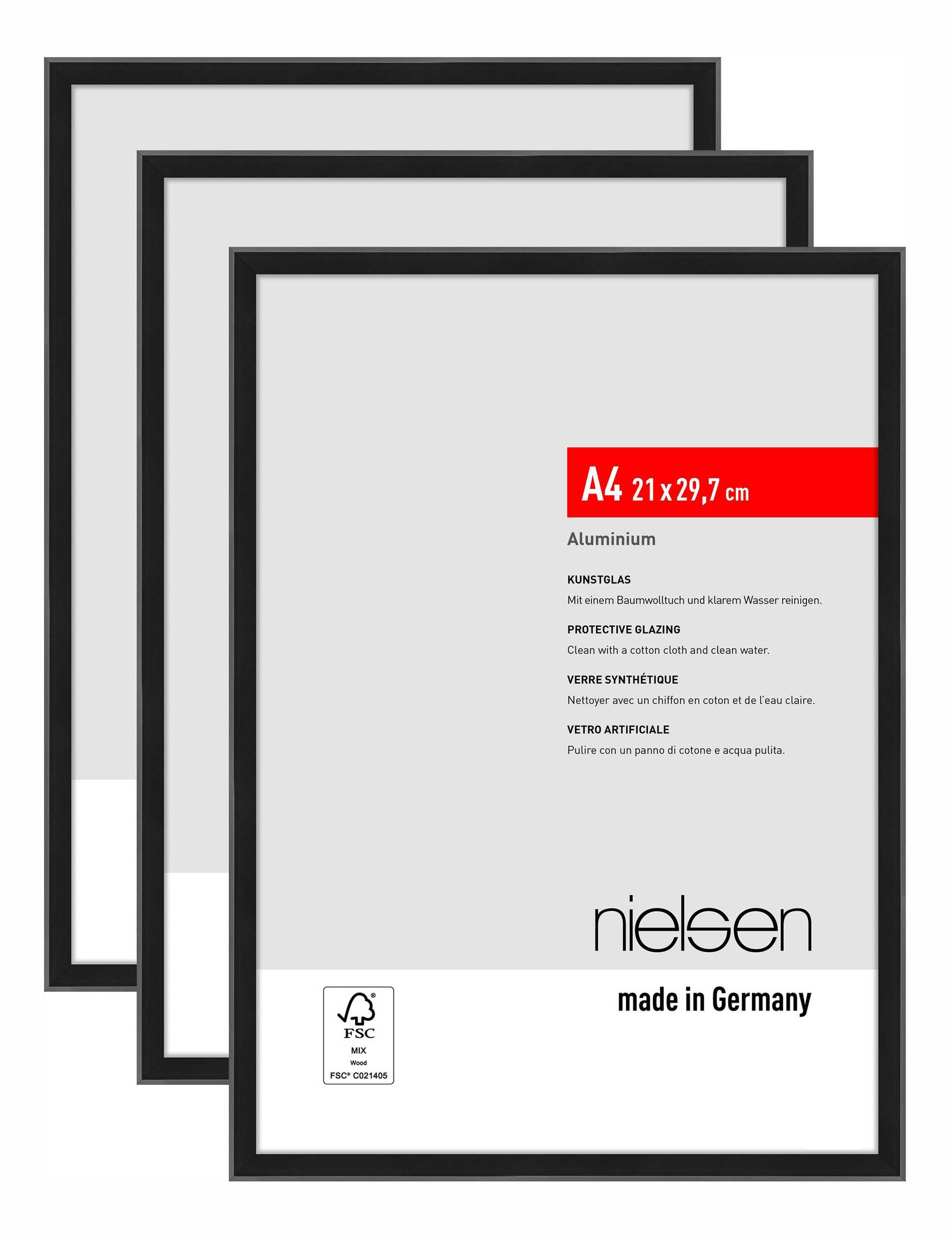 nielsen Bilderrahmen Atlanta (3er Set), A4 21x29,7 cm, Aluminium Schwarz Matt