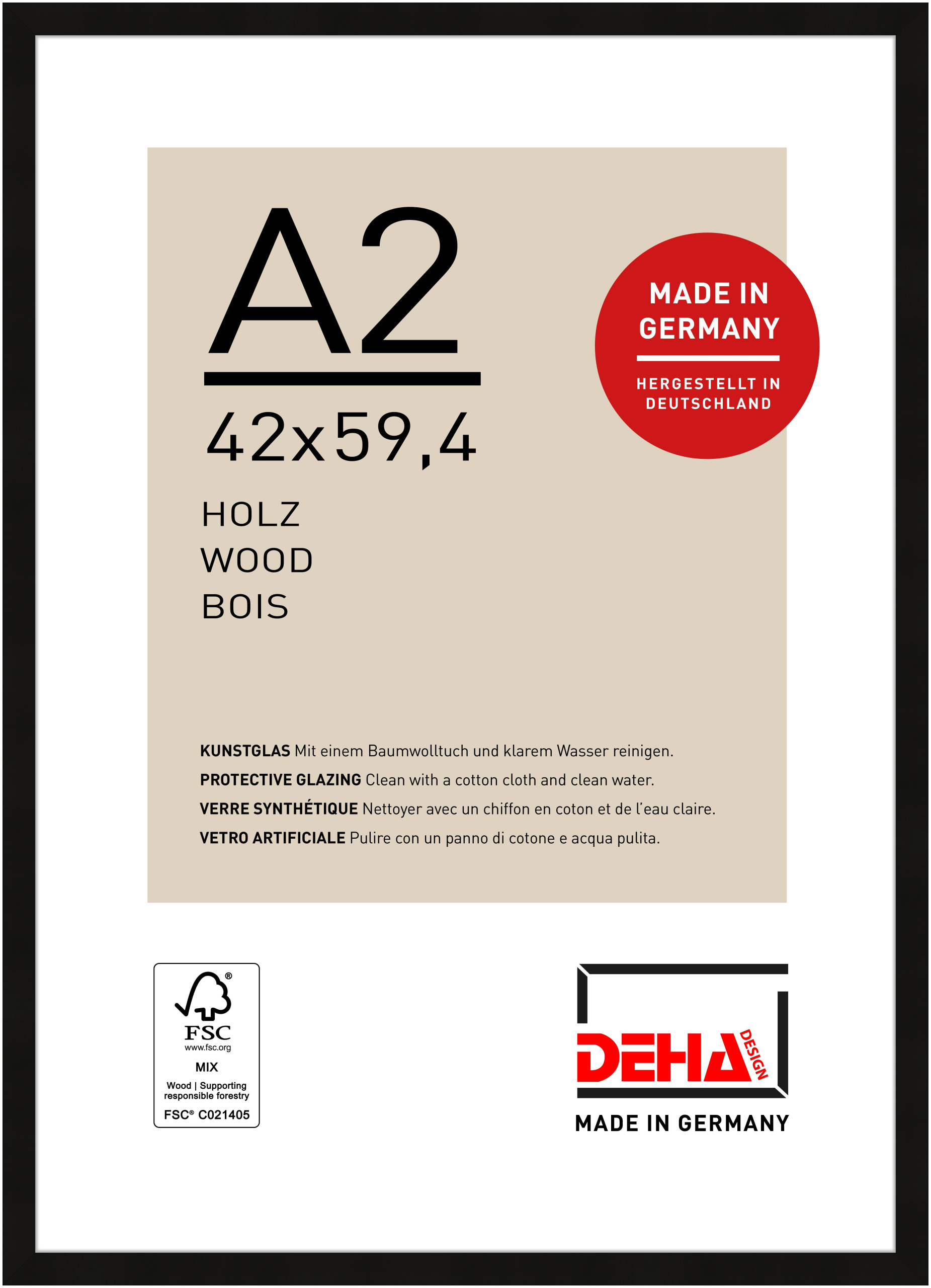 DEHA Design Holz Bilderrahmen Fontana, 42x59,4 cm (A2), Schwarz