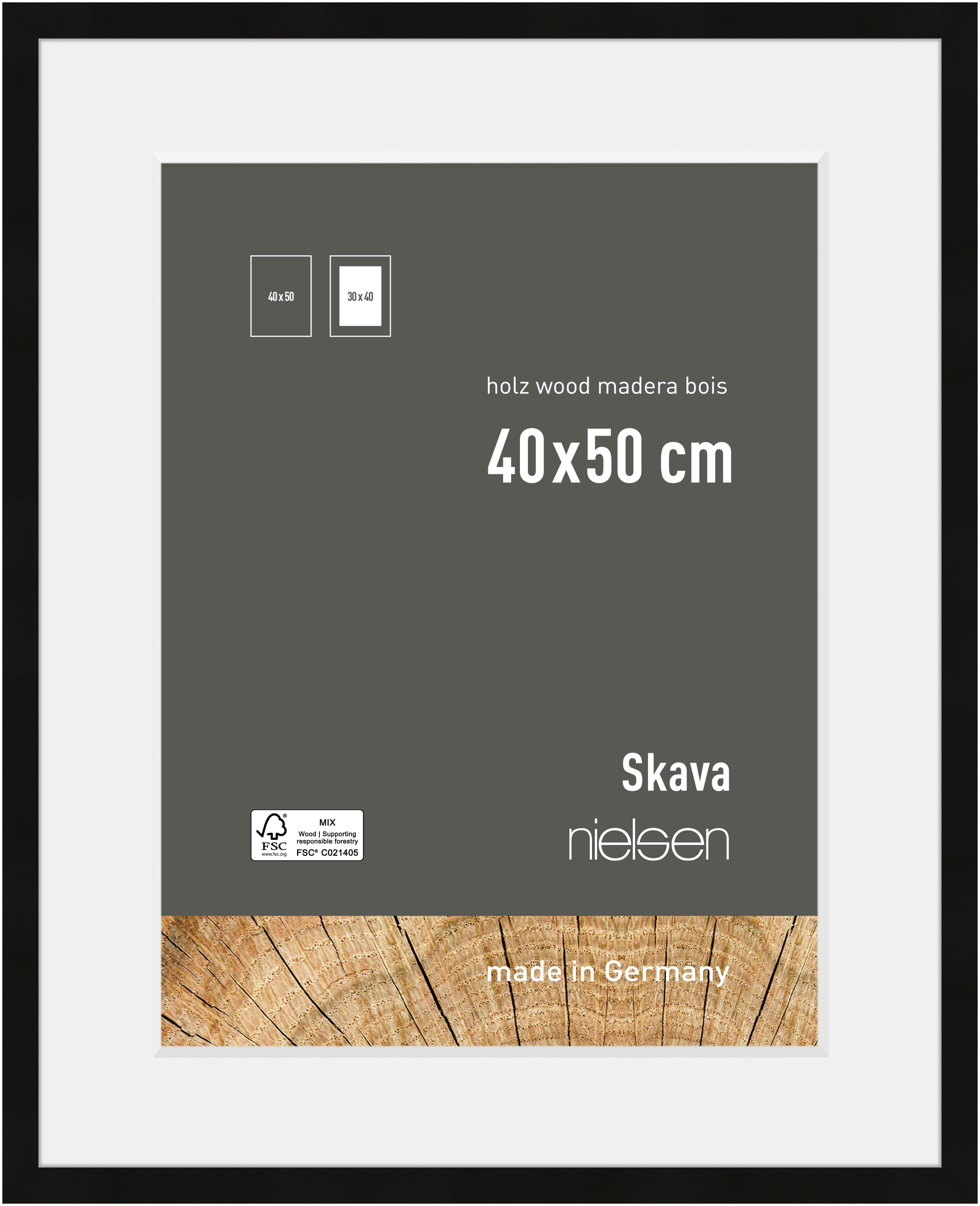 nielsen Holz Bilderrahmen Skava Schwarz, 40,0 x 50,0 cm - mit Passepartout 30x40 cm