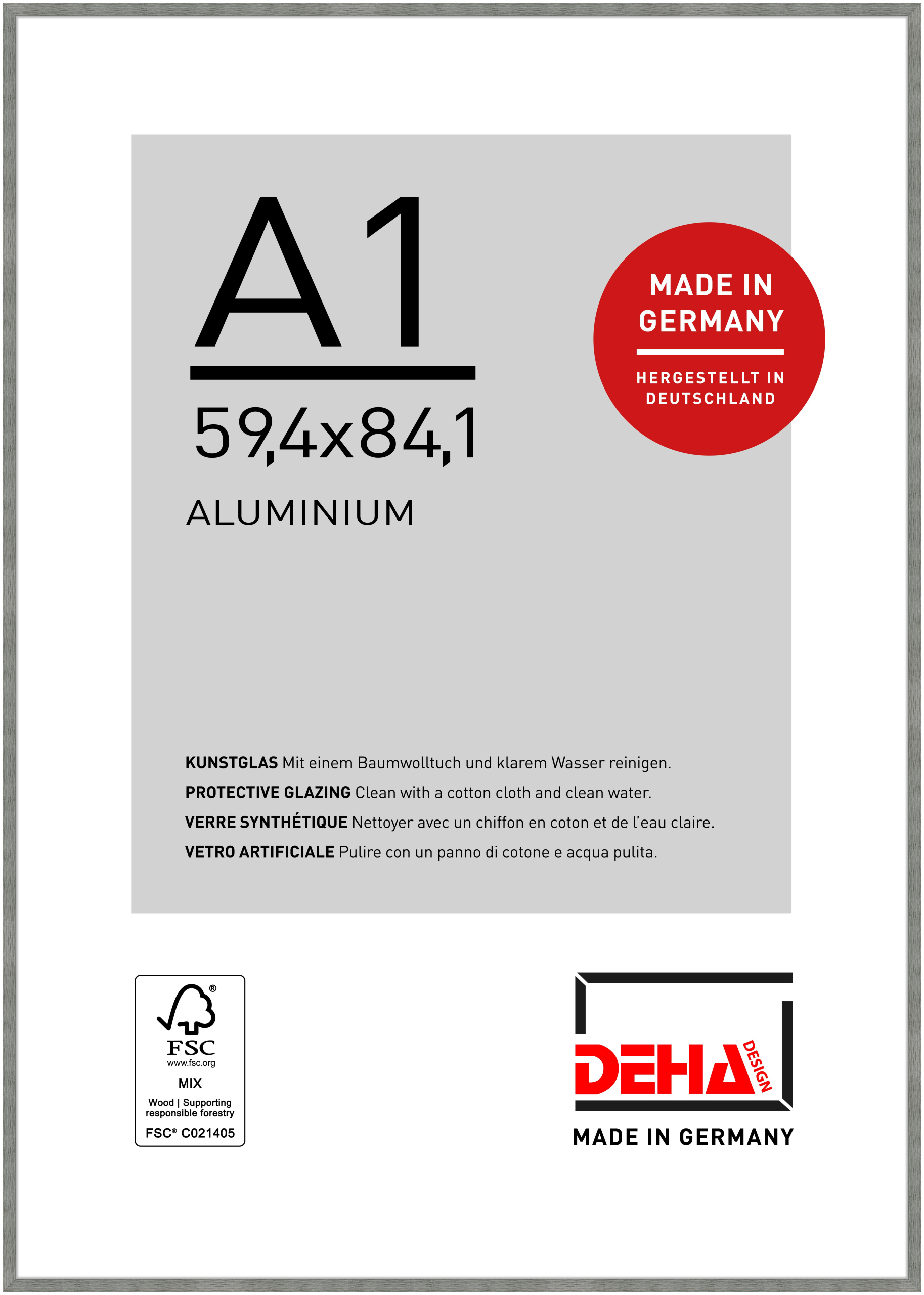 DEHA Design Aluminium Bilderrahmen Tribeca, 59,4x84,1 cm (A1), Struktur Grau Matt