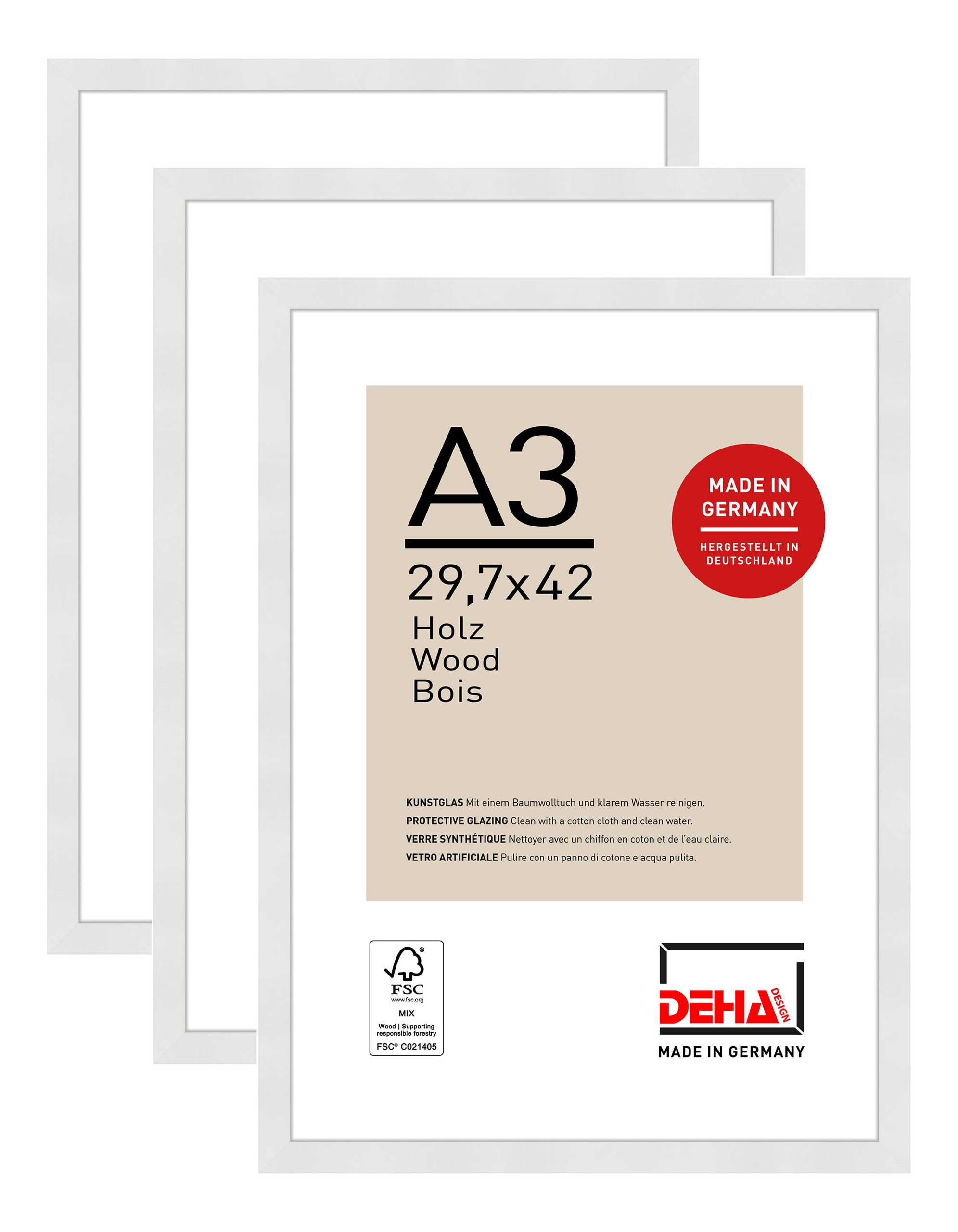 DEHA Design Bilderrahmen Fontana (3er Set), A3 29,7x42 cm, Holz Weiß