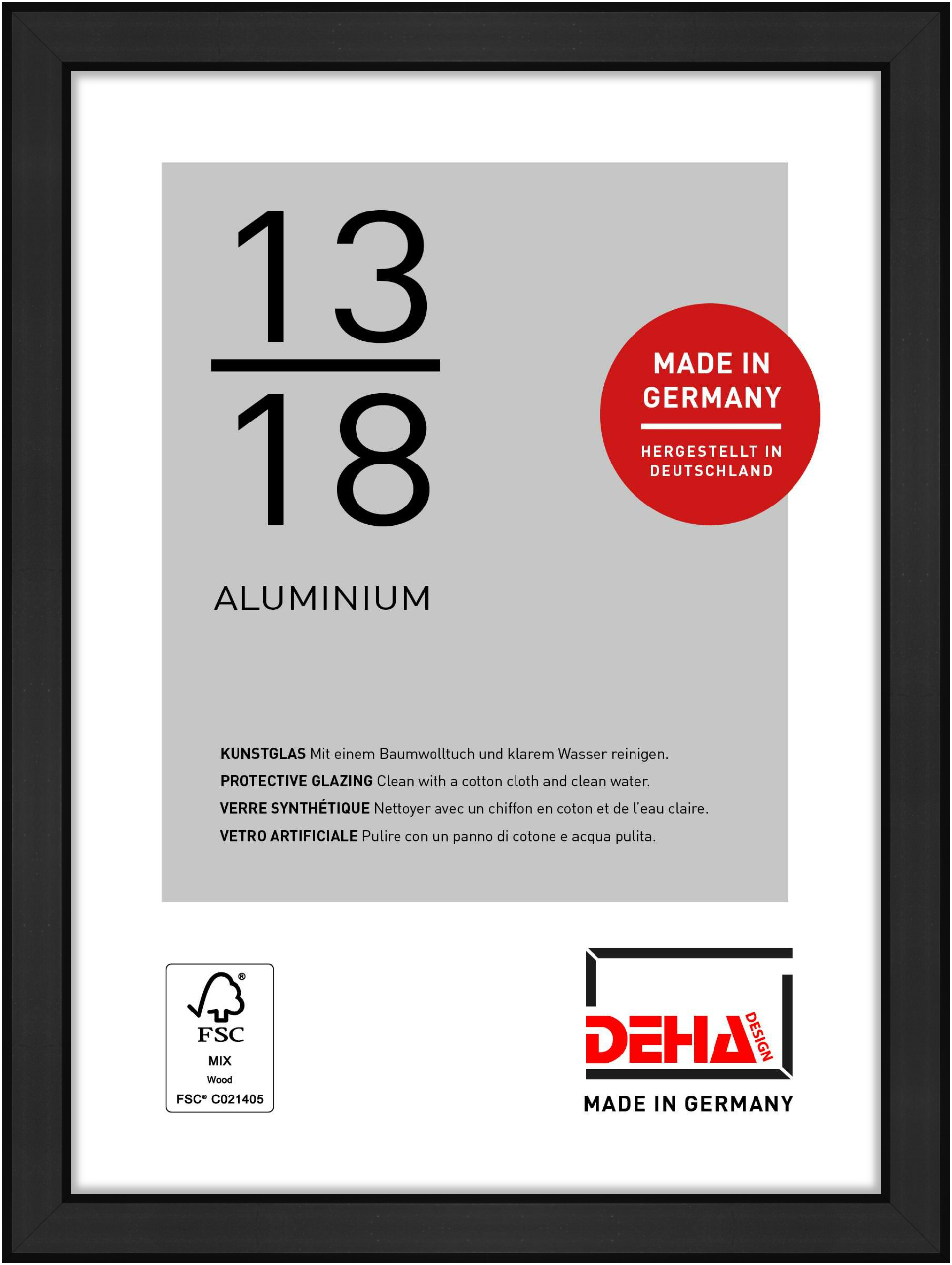 DEHA Design Aluminium Portraitrahmen, Bilderrahmen Boston, 13x18 cm, Eloxal Schwarz Matt