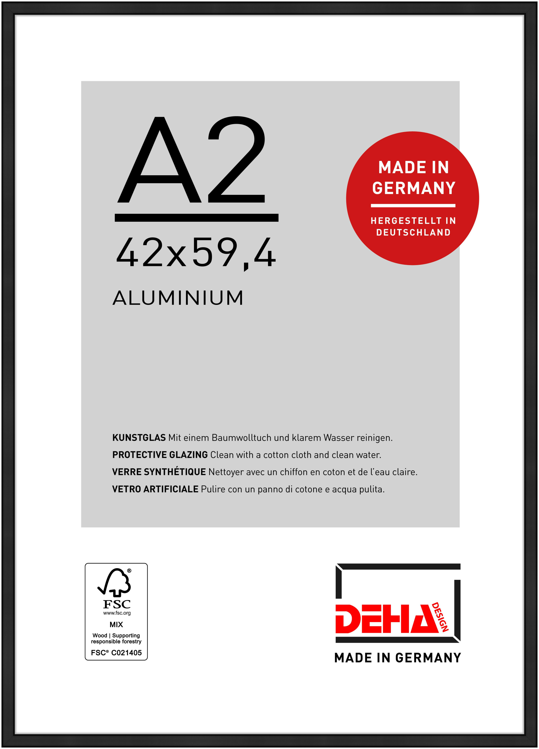 DEHA Design Aluminium Bilderrahmen Boston, 42x59,4 cm (A2), Eloxal Schwarz Matt