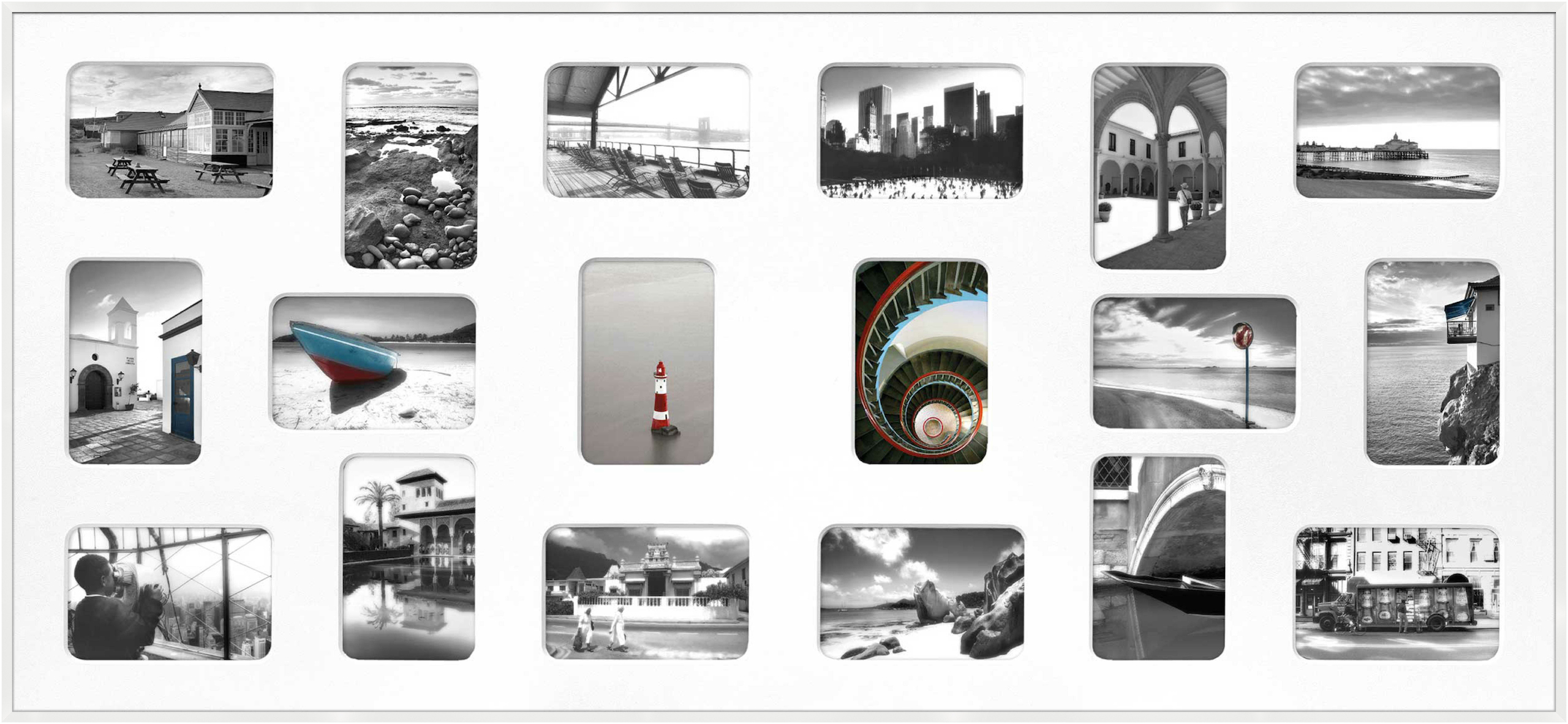 nielsen Aluminium Bilderrahmen Pixel-Collage, 109,2x49,5 cm - 18x 10x15 cm, Weiß Glanz, Architektur