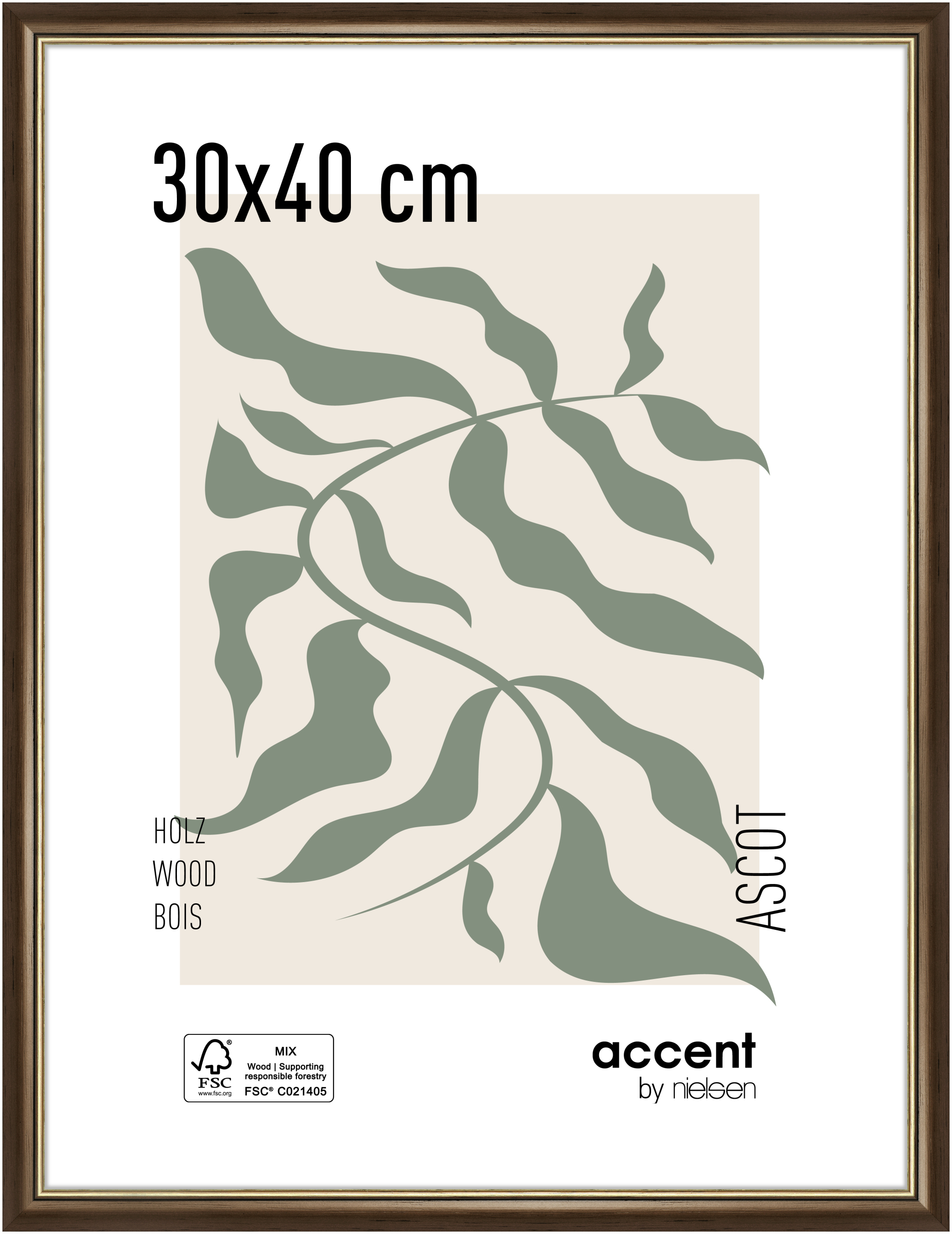 accent by nielsen Holz Bilderrahmen Ascot, 30x40 cm, Dunkelbraun/Gold