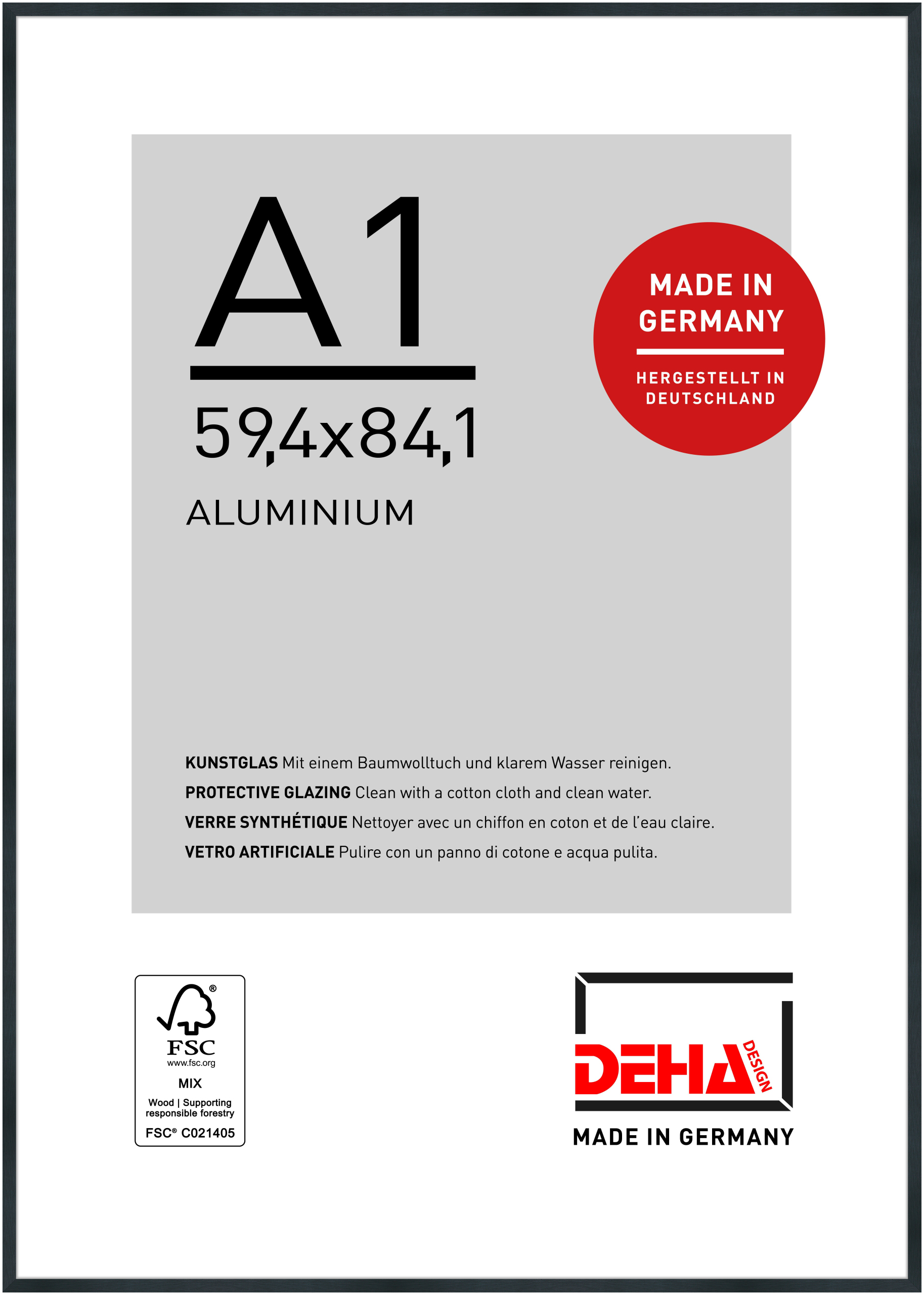 DEHA Design Aluminium Bilderrahmen Tribeca, 59,4x84,1 cm (A1), Struktur Schwarz Matt