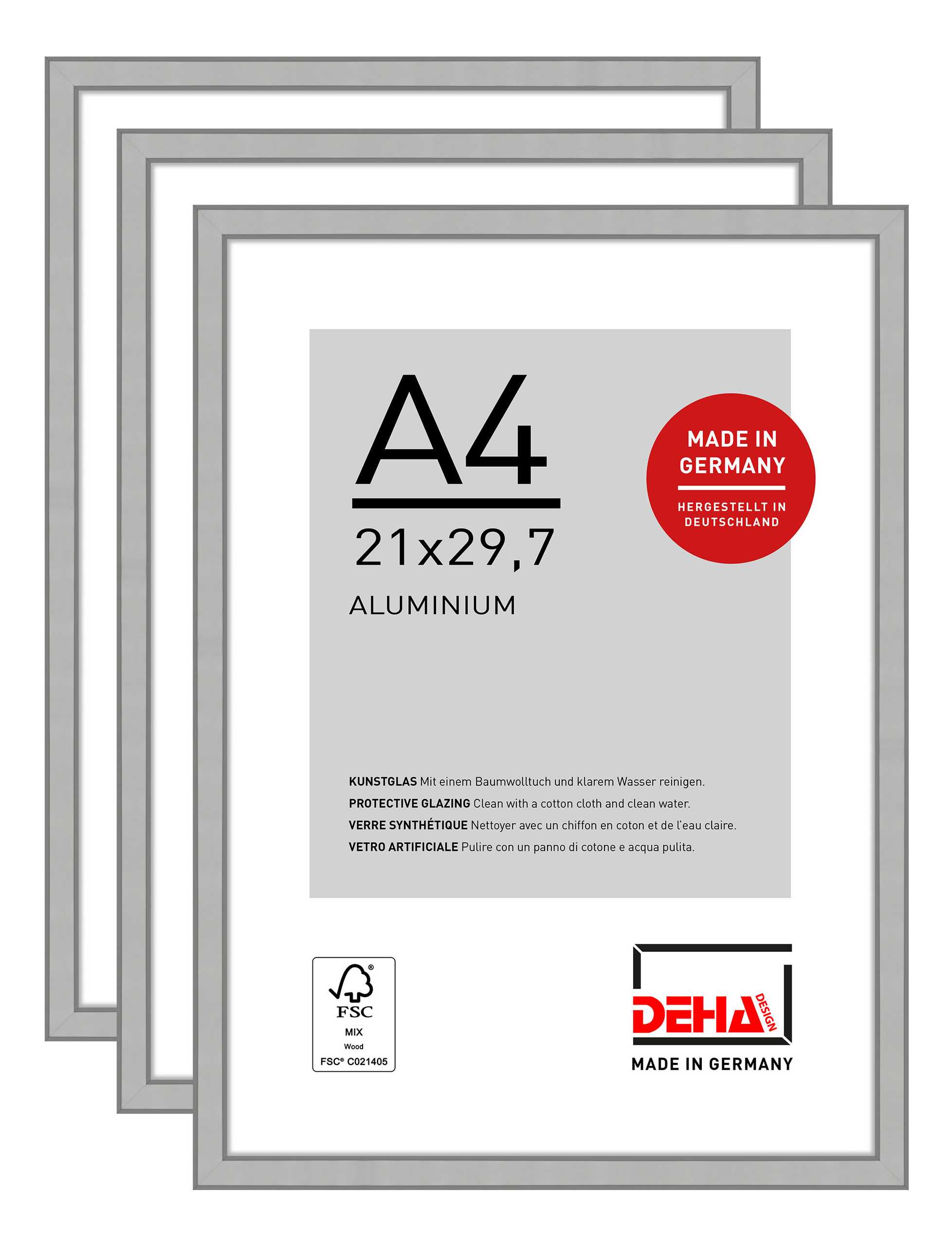 DEHA Design Bilderrahmen Boston (3er Set), A4 21x29,7 cm, Aluminium Silber Matt