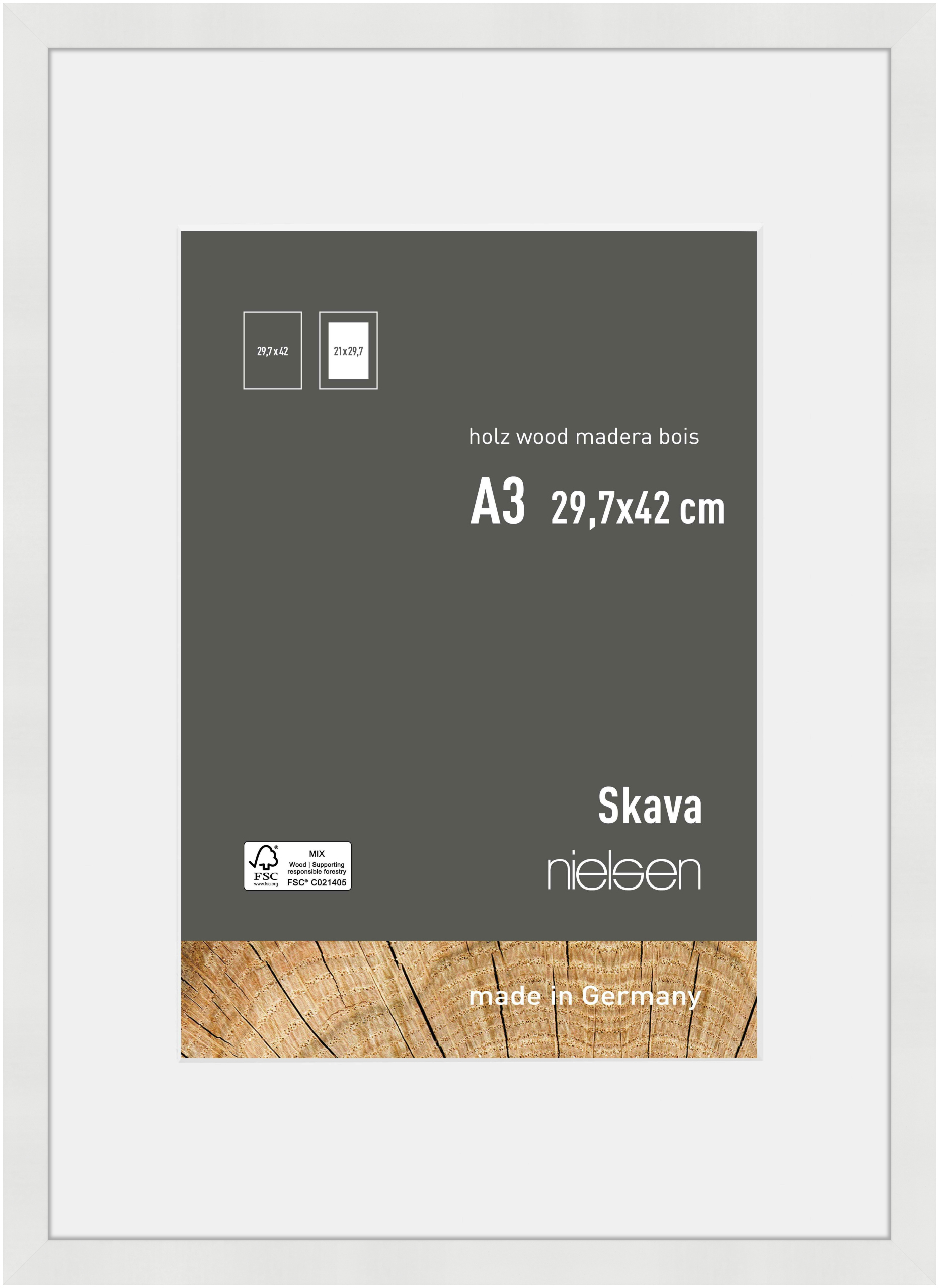 nielsen Holz Bilderrahmen Skava Weiß, 29,7 x 42,0 cm (A3) - mit Passepartout 21x29,7 cm (A4) cm