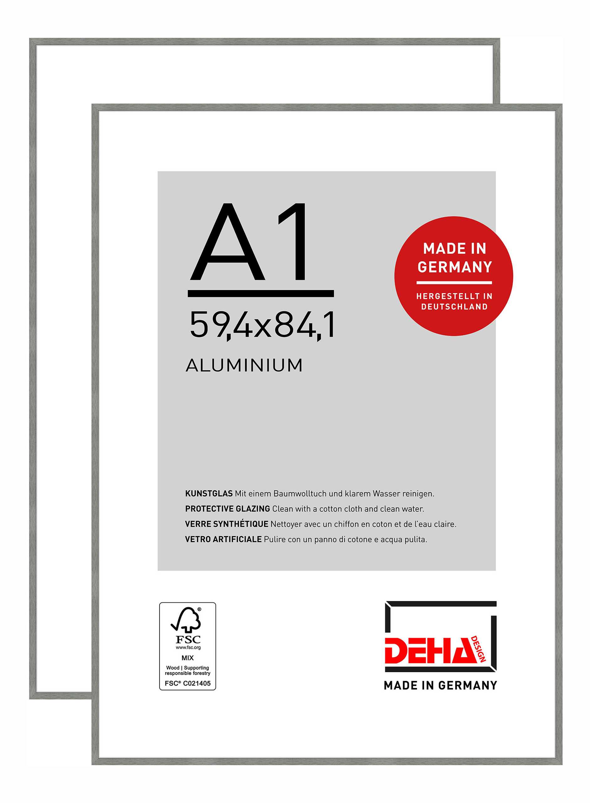 DEHA 2er SET Aluminium Bilderrahmen Tribeca, 59,4x84,1 cm (A1), Struktur Grau Matt