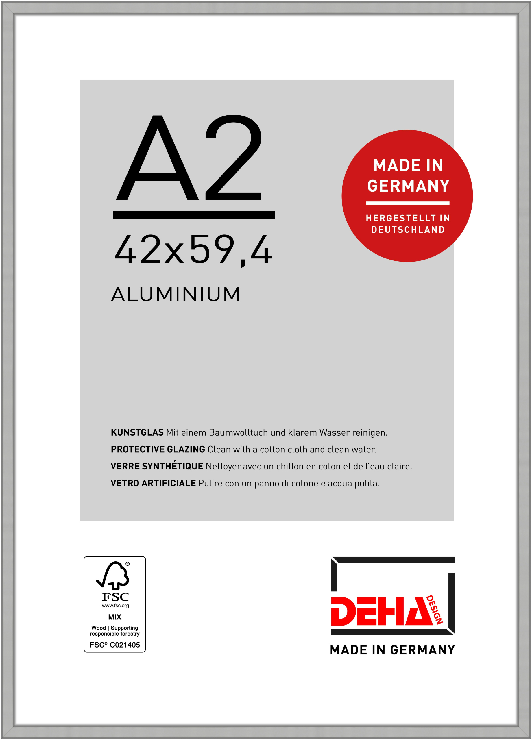 DEHA Design Aluminium Bilderrahmen Boston, 42x59,4 cm (A2), Silber Matt