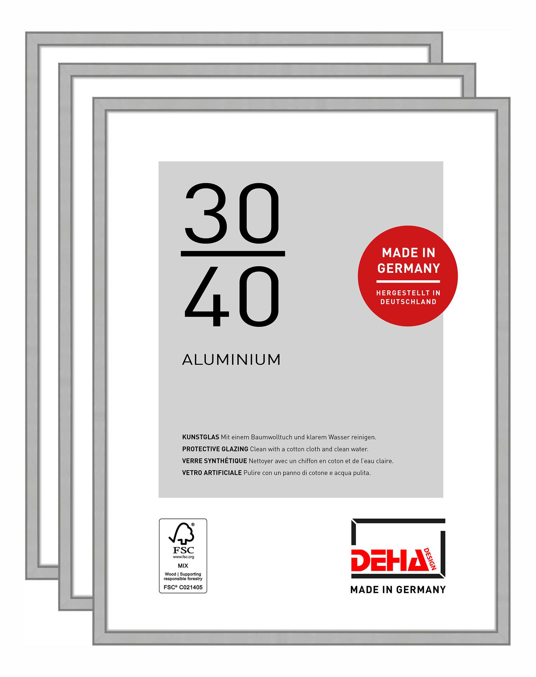 DEHA Design Bilderrahmen Boston (3er Set), 30x40 cm, Aluminium Silber Matt