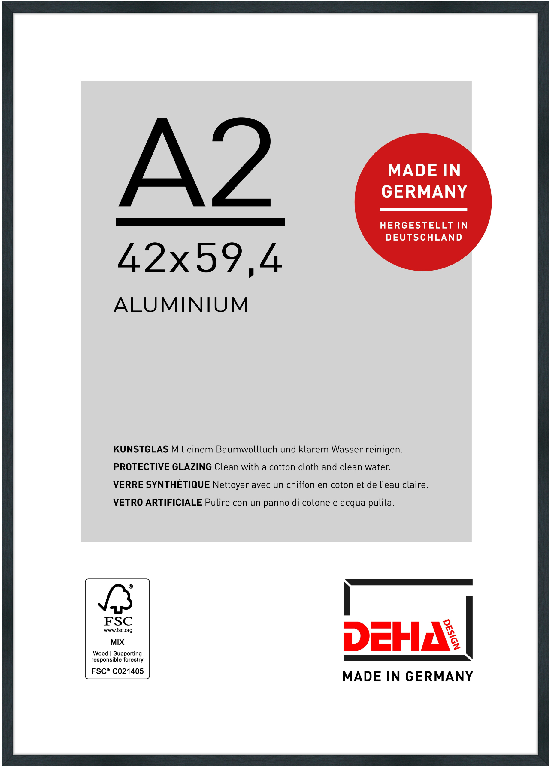 DEHA Design Aluminium Bilderrahmen Tribeca, 42x59,4 cm (A2), Struktur Schwarz Matt