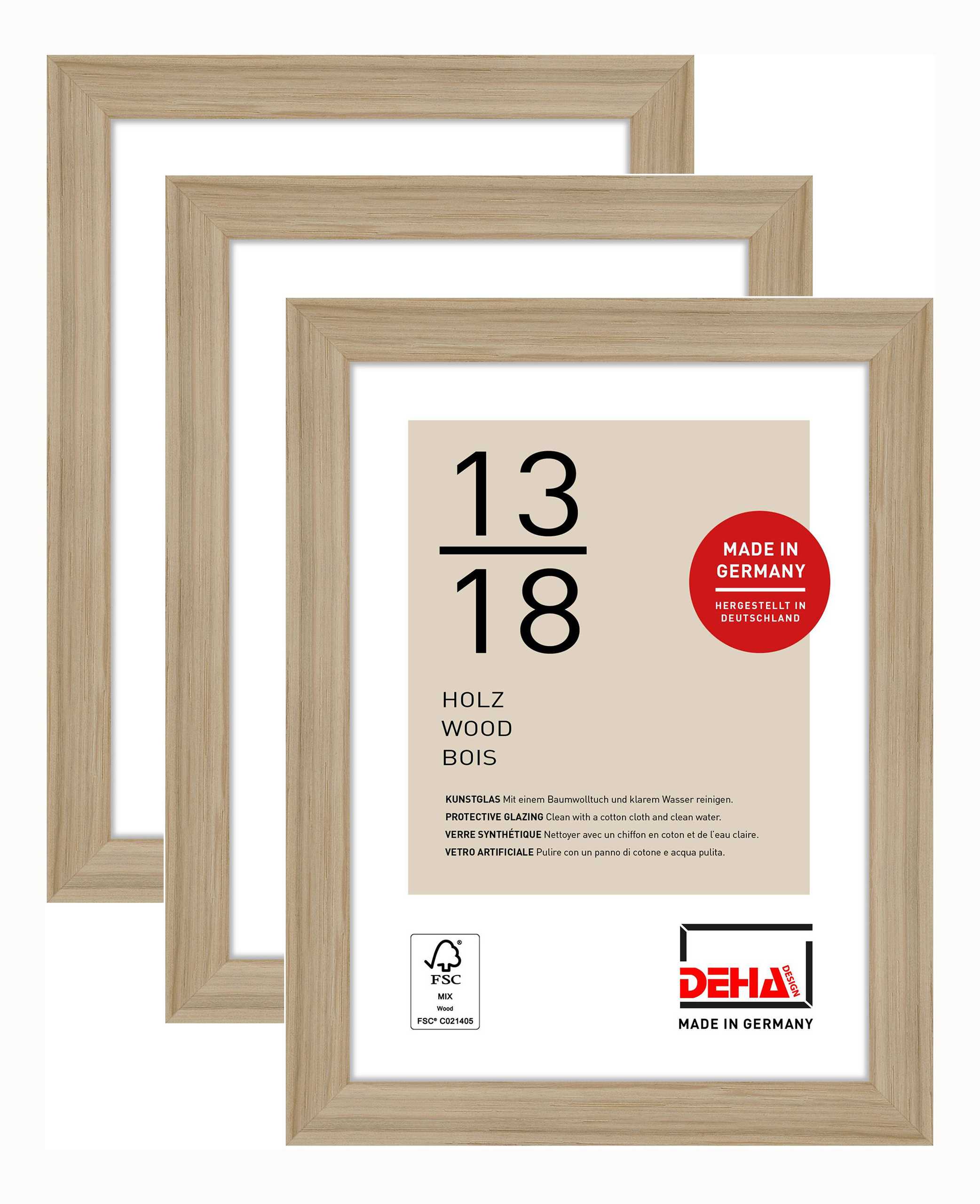 DEHA Design 3er SET Holz Portraitrahmen, Bilderrahmen Fontana, 13x18 cm, Eiche