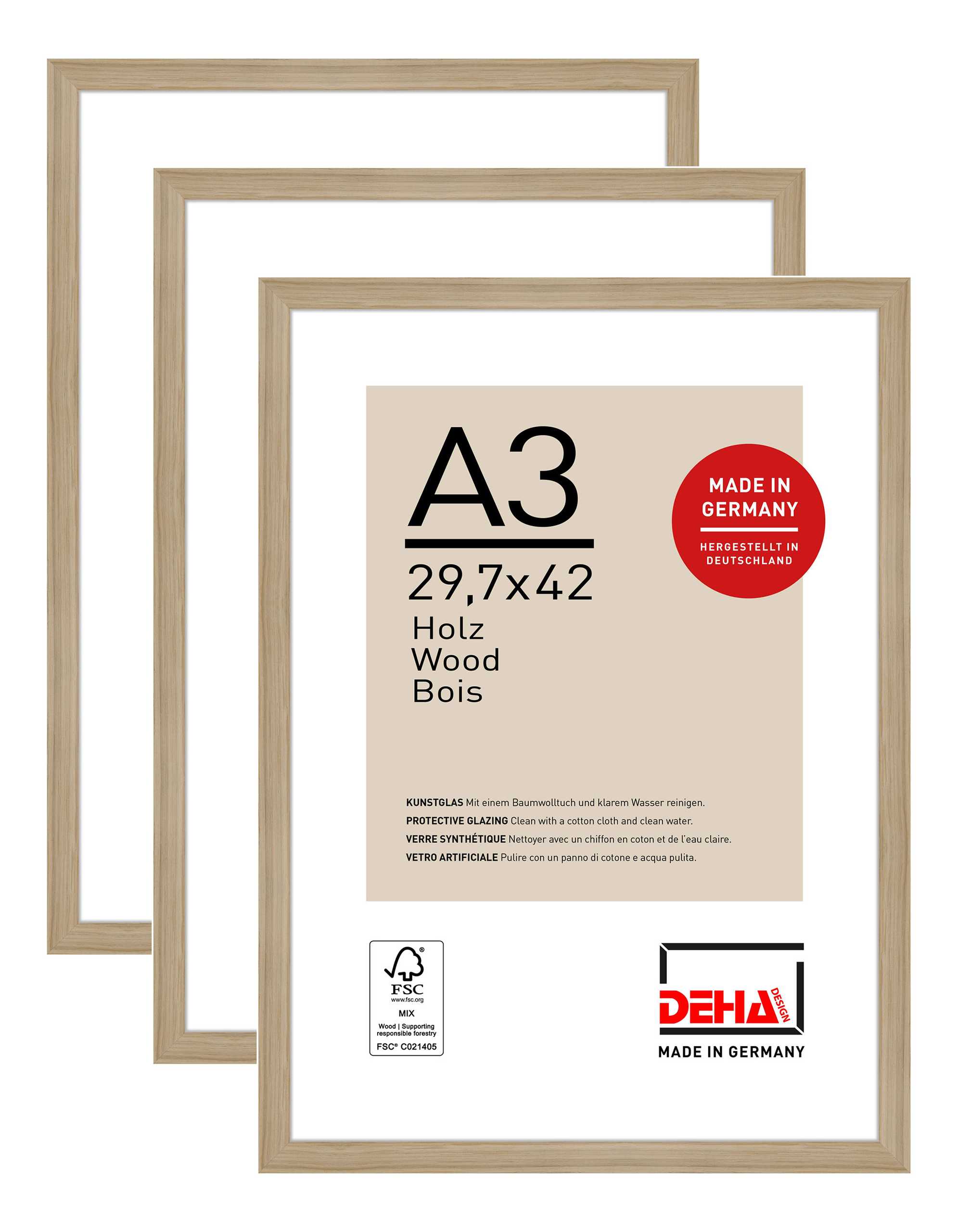 DEHA Design Bilderrahmen Fontana (3er Set), A3 29,7x42 cm, Holz Eiche