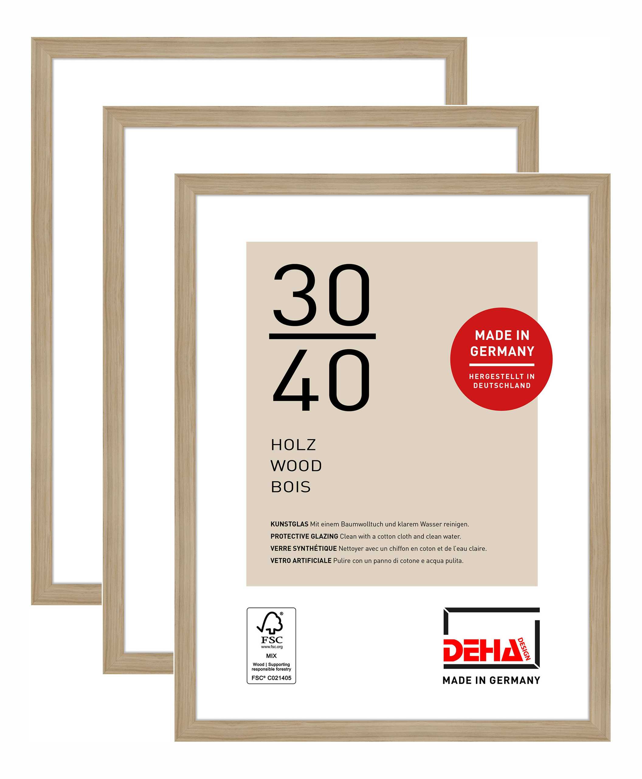 DEHA Design Bilderrahmen Fontana (3er Set), 30x40 cm, Holz Eiche