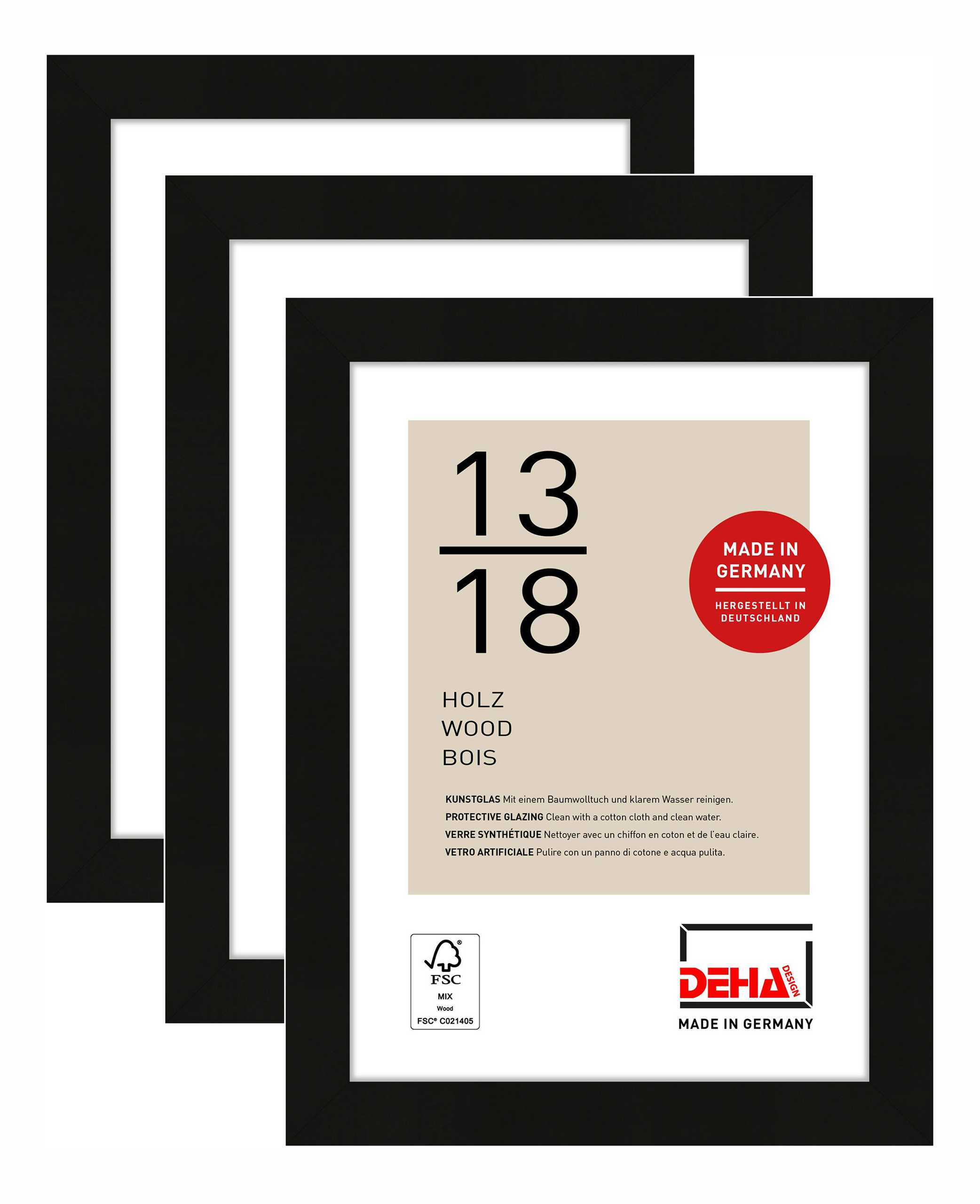 DEHA Design 3er SET Holz Portraitrahmen, Bilderrahmen Fontana, 13x18 cm, Schwarz