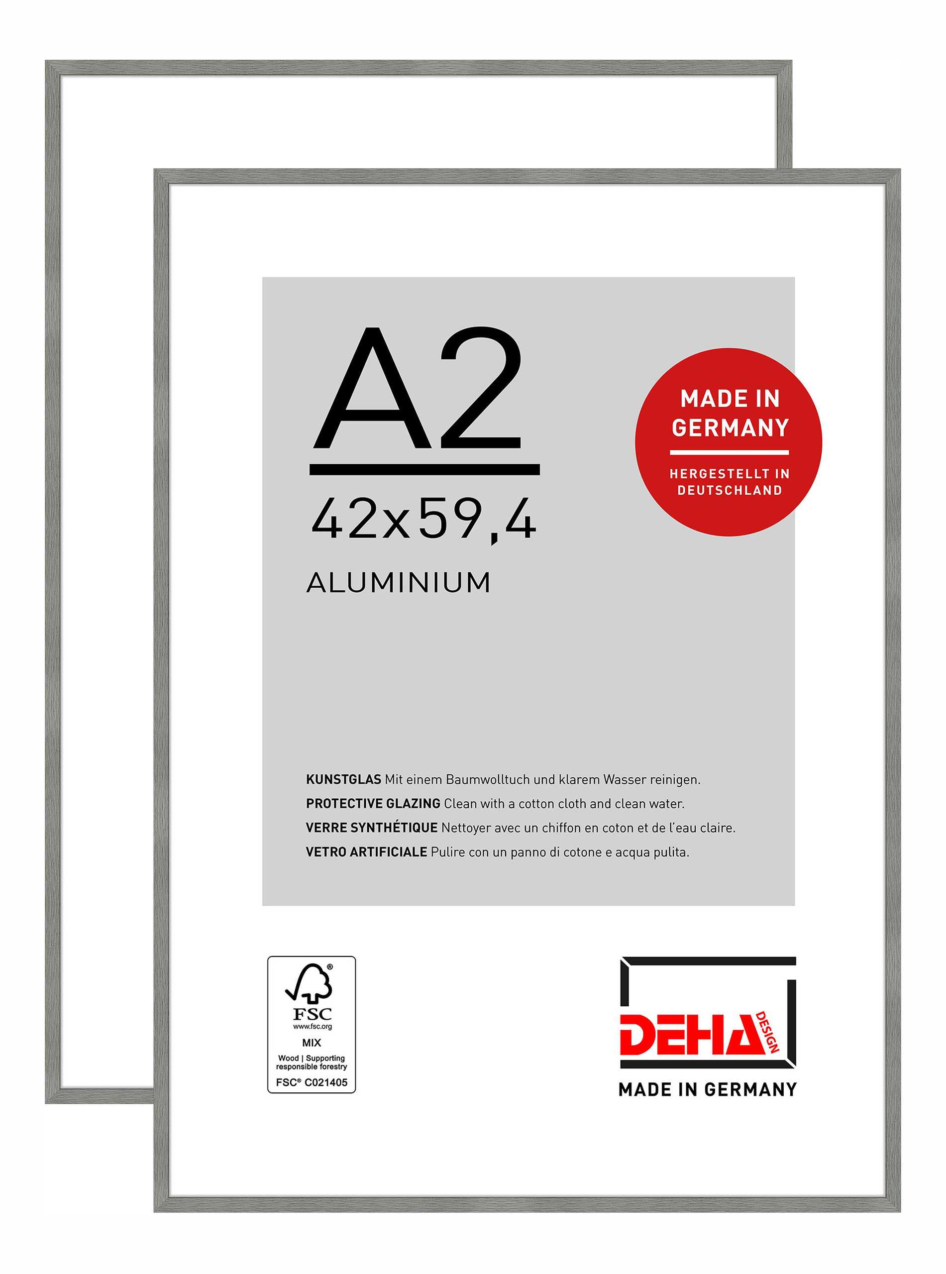 DEHA 2er SET Aluminium Bilderrahmen Tribeca, 42x59,4 cm (A2), Struktur Grau Matt