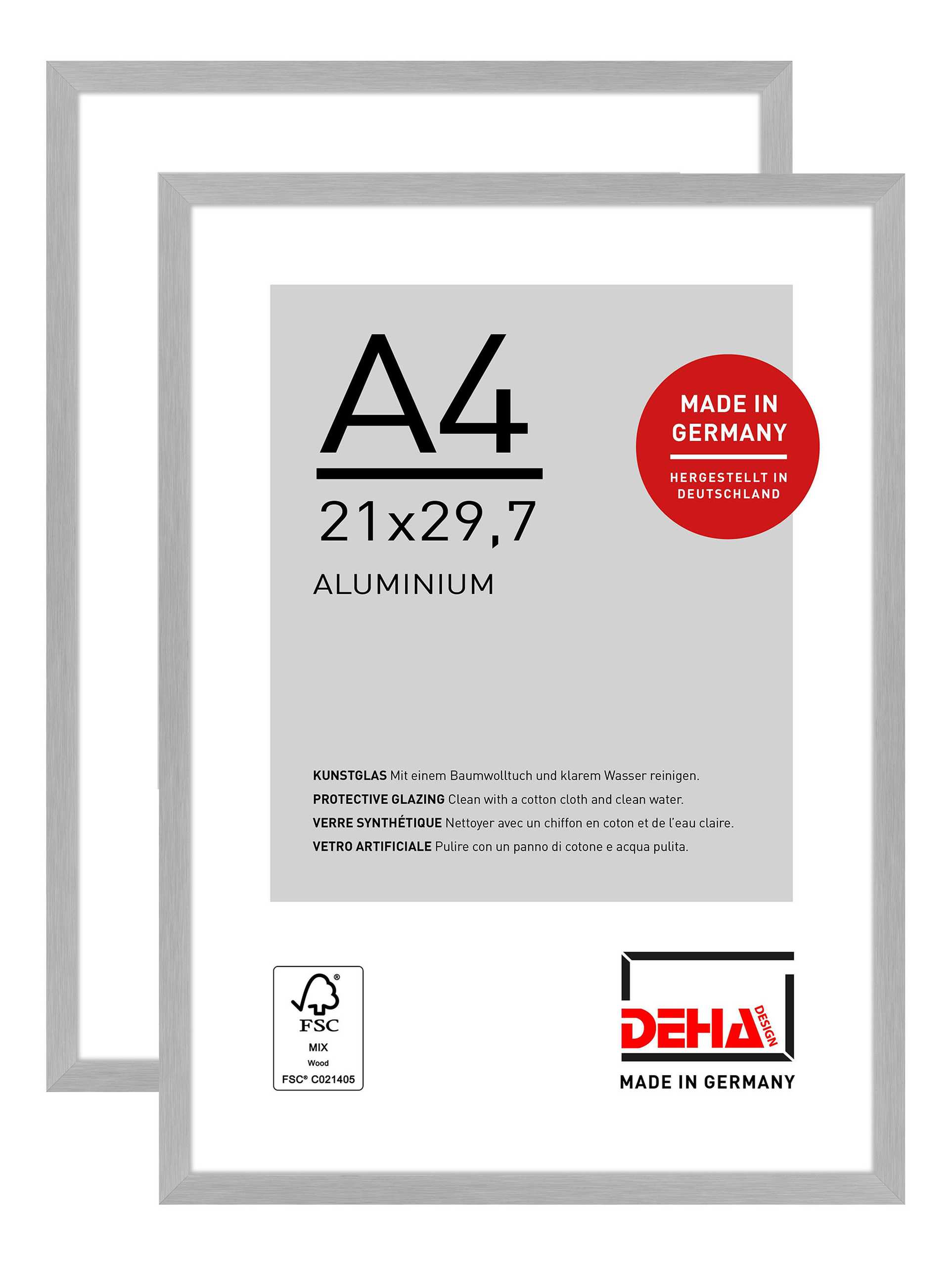 DEHA 2er SET Aluminium Bilderrahmen Tribeca, 21x29,7 cm (A4), Struktur Silber Matt