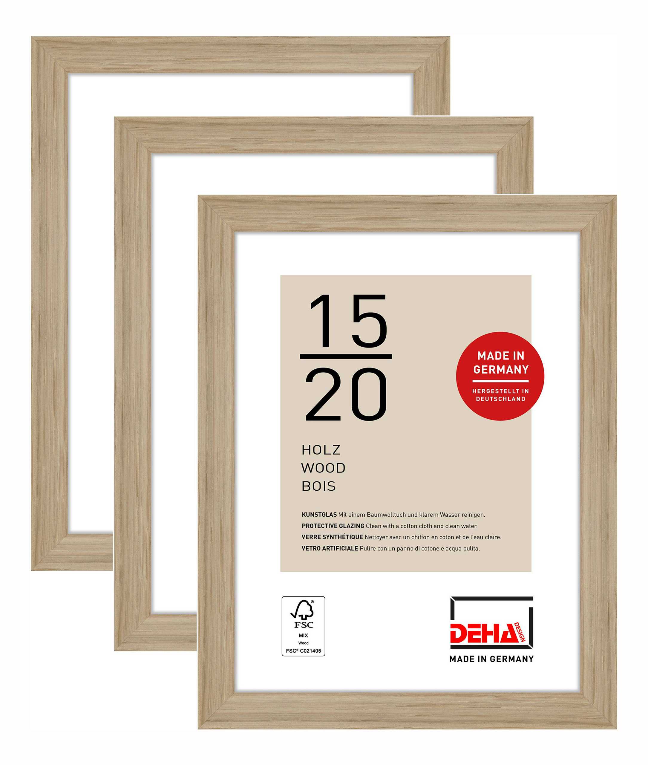 DEHA Design 3er SET Holz Portraitrahmen, Bilderrahmen Fontana, 15x20 cm, Eiche